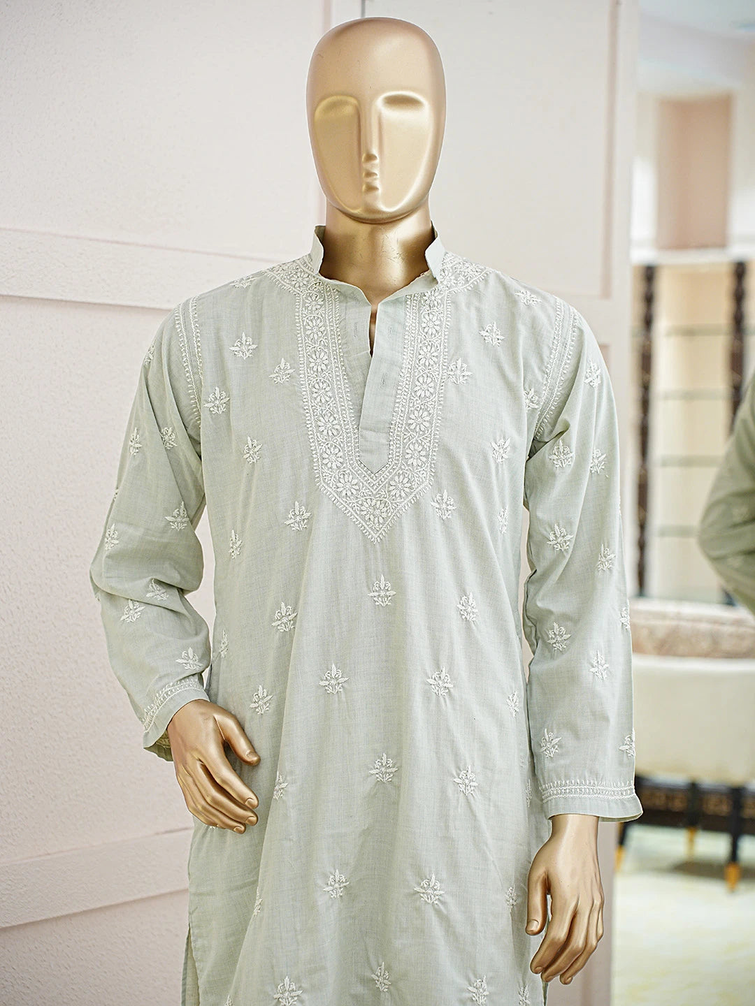 Ada Hand Embroidered Tea Green Cotton Lucknowi Chikankari Stitched Men's Kurta Piece 01A859961