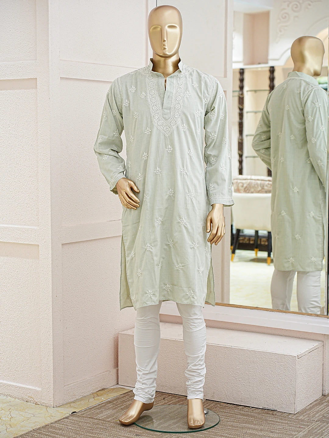 Ada Hand Embroidered Tea Green Cotton Lucknowi Chikankari Stitched Men's Kurta Piece 01A859961