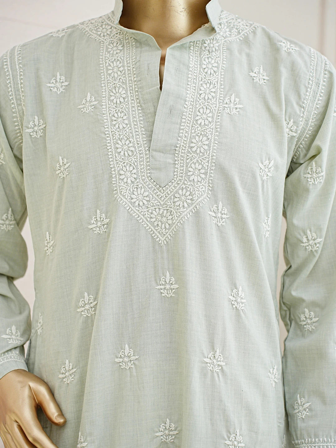 Ada Hand Embroidered Tea Green Cotton Lucknowi Chikankari Stitched Men's Kurta Piece 01A859961