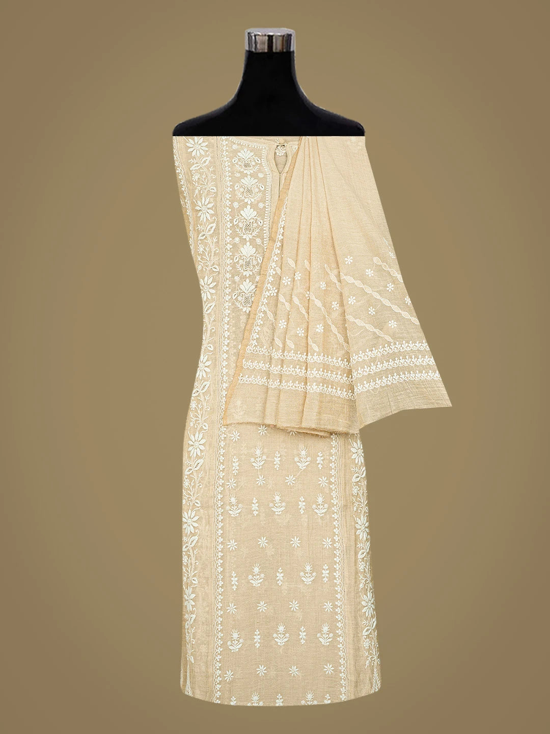 Ada Hand Embroidered Fawn Tissue Silk Lucknowi Chikankari Semi-Stitched Kurta Dupatta Set 01A392635