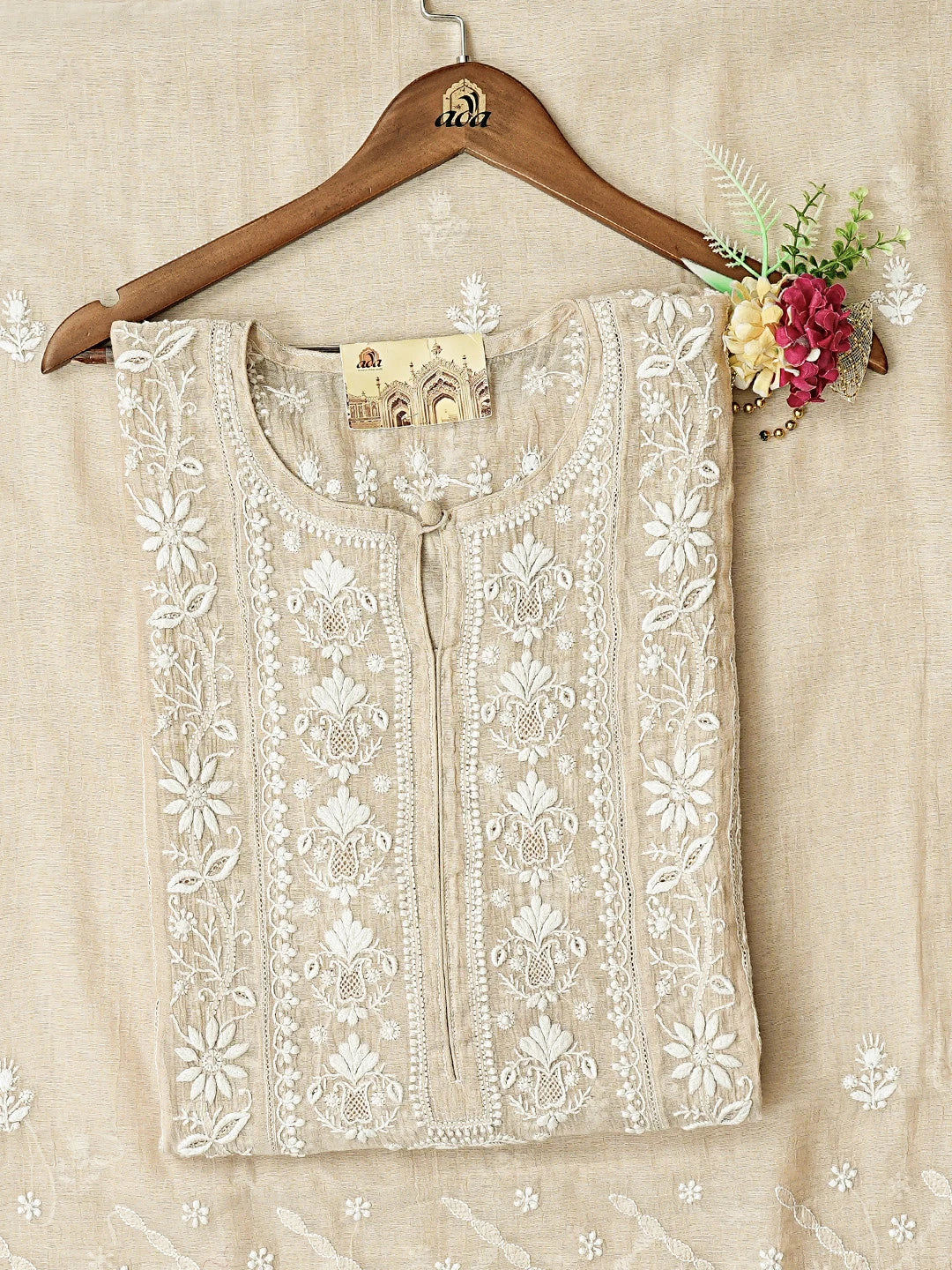 Ada Hand Embroidered Fawn Tissue Silk Lucknowi Chikankari Semi-Stitched Kurta Dupatta Set 01A392635