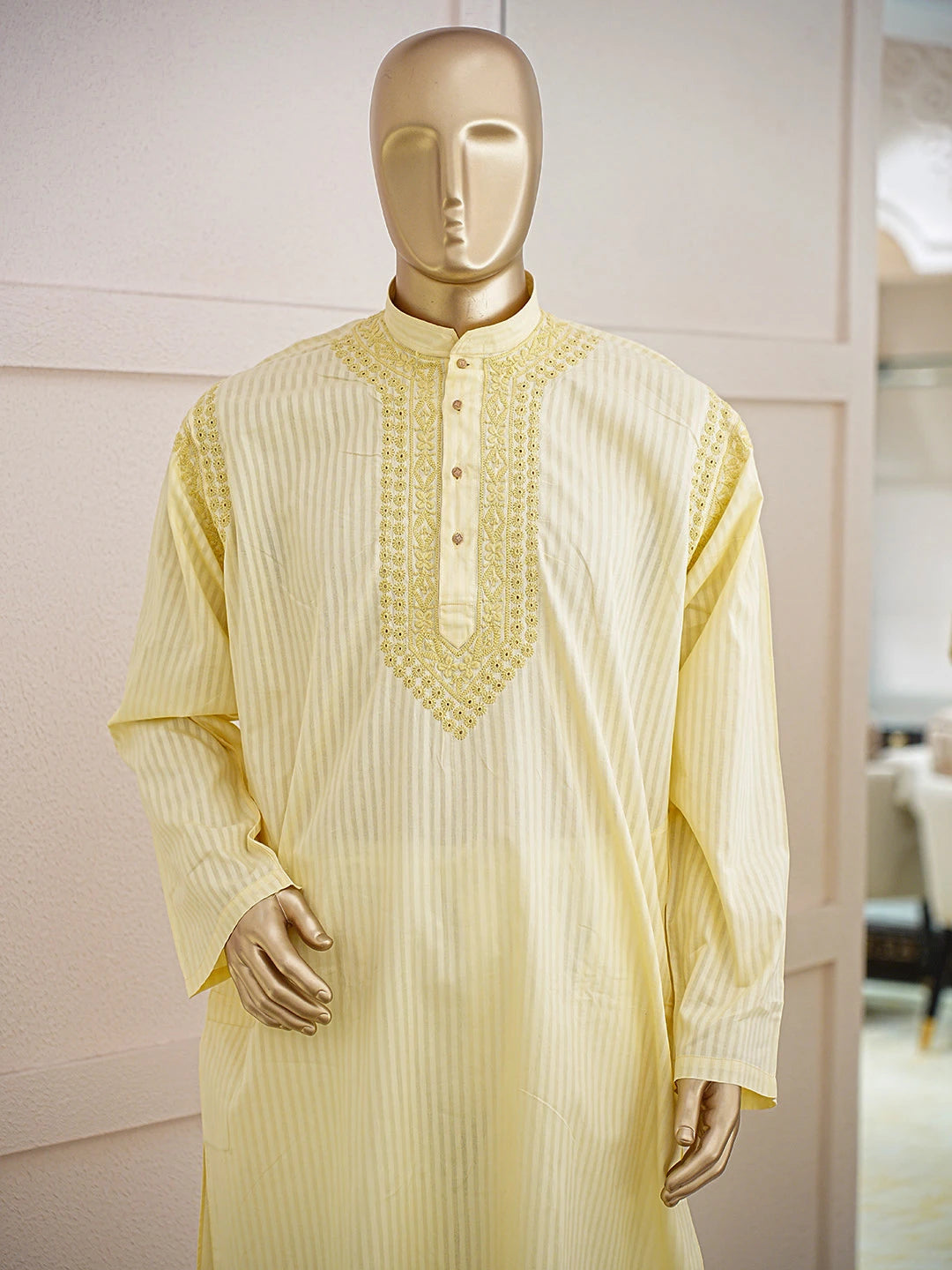 Ada Hand Embroidered Lemon Cotton Lucknowi Chikankari Men's Kurta 01A828788