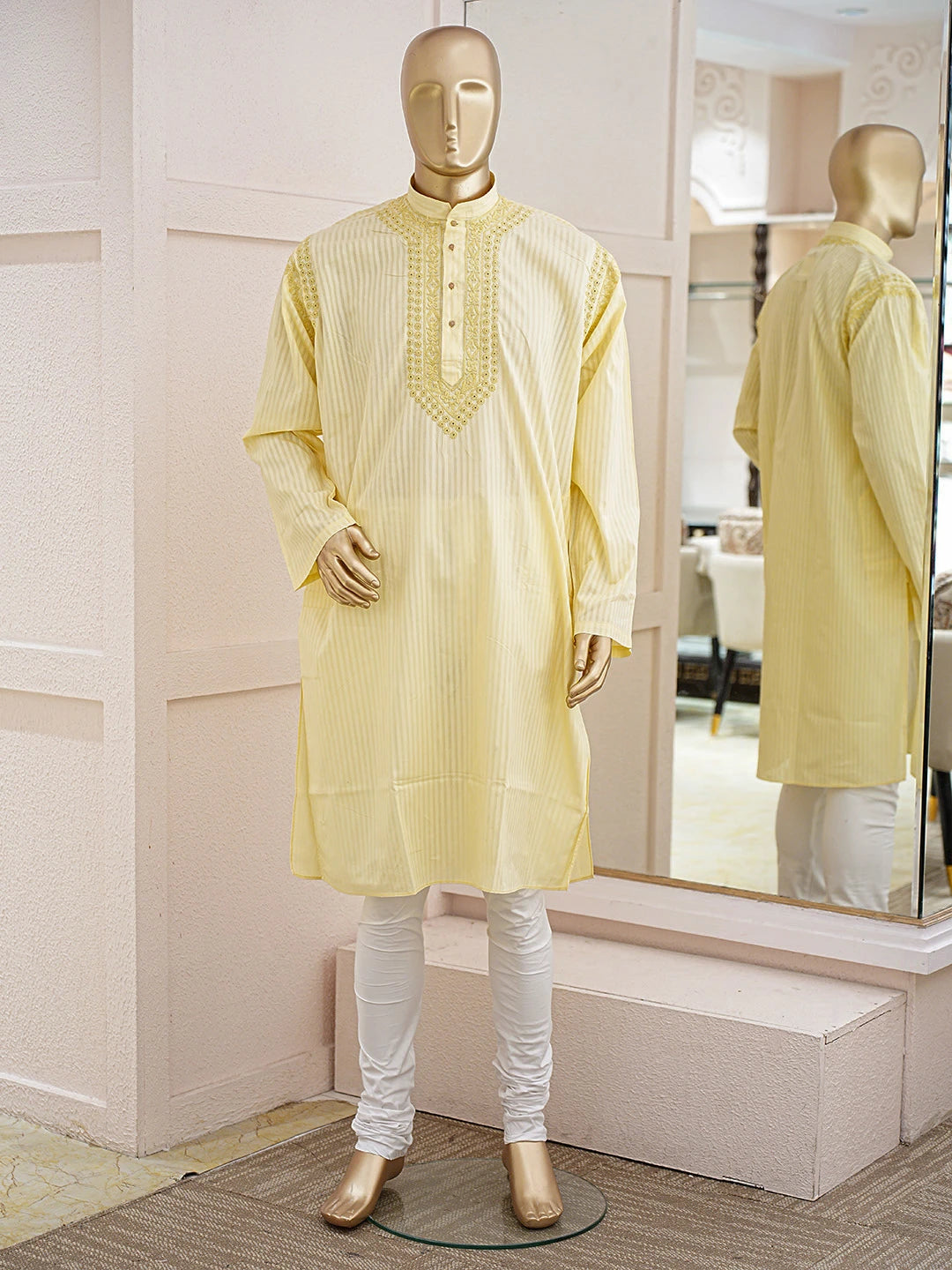 Ada Hand Embroidered Lemon Cotton Lucknowi Chikankari Men's Kurta 01A828788