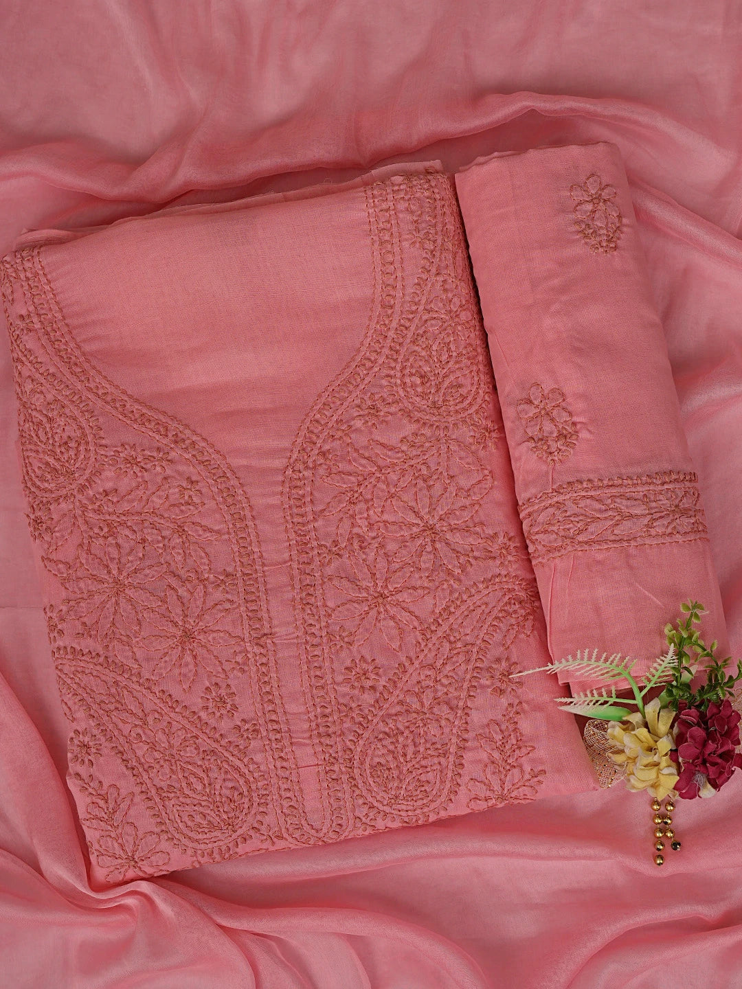 Ada Hand Embroidered Peach Cotton Lucknowi Chikankari Unstitched Suit Piece 01A868017