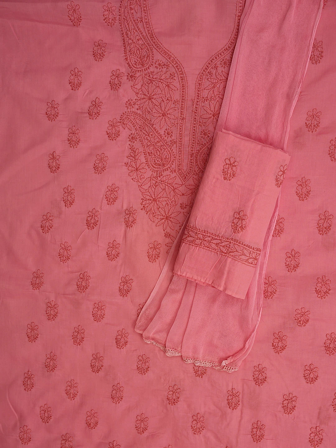 Ada Hand Embroidered Peach Cotton Lucknowi Chikankari Unstitched Suit Piece 01A868017