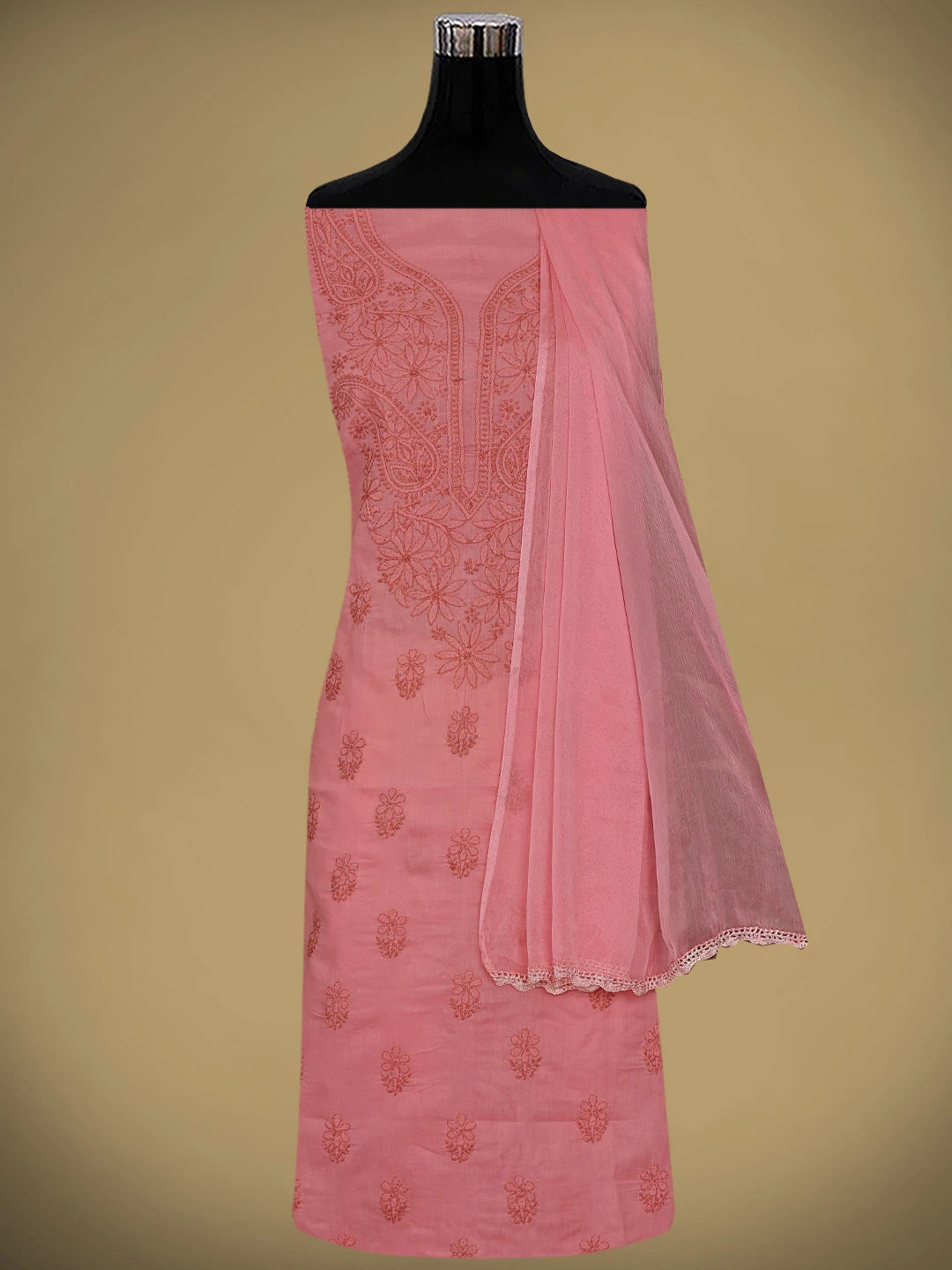 Ada Hand Embroidered Peach Cotton Lucknowi Chikankari Unstitched Suit Piece 01A868017