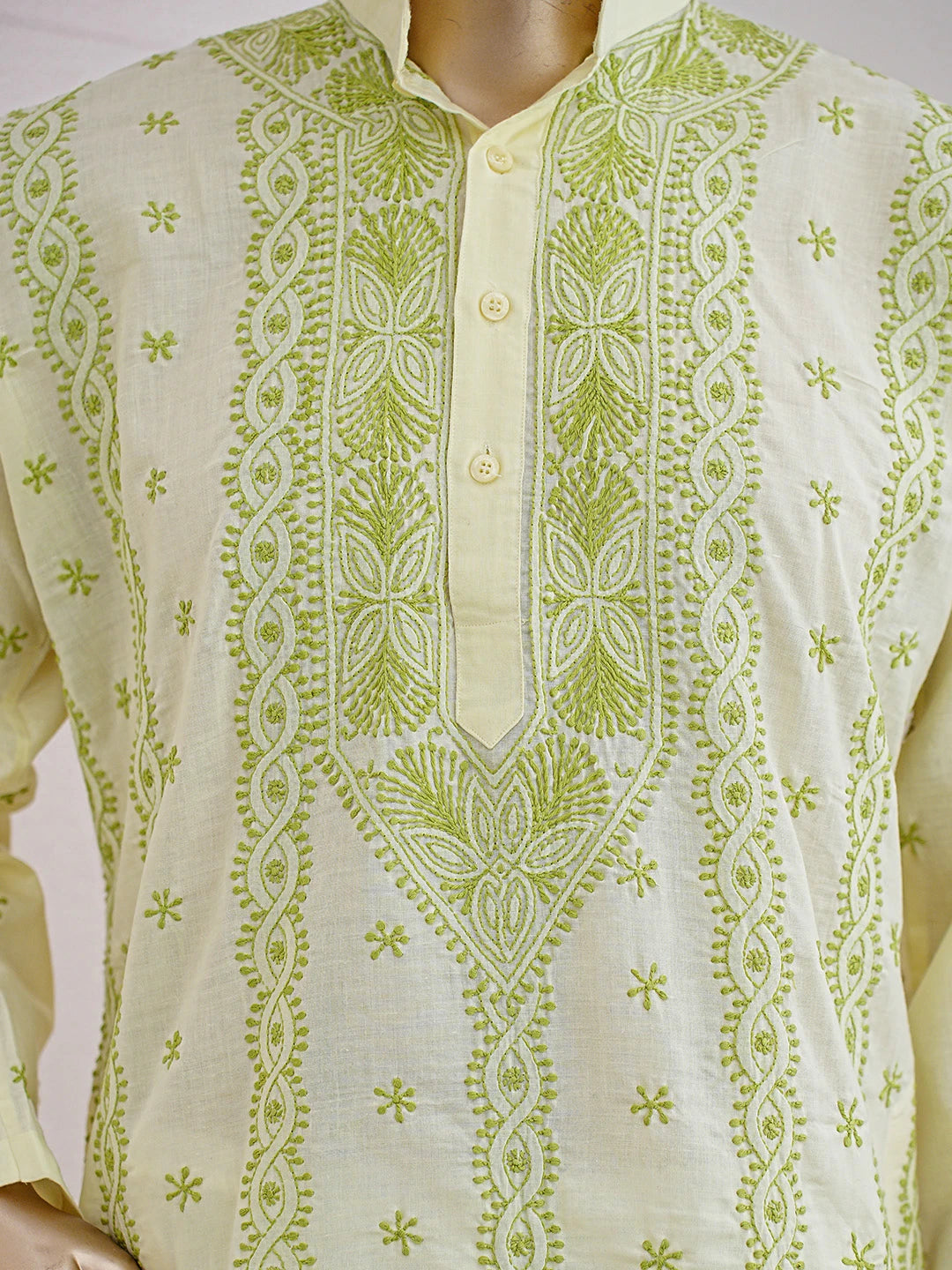 Ada Hand Embroidered Lemon Cotton Lucknowi Chikankari Men's Kurta 01A826425