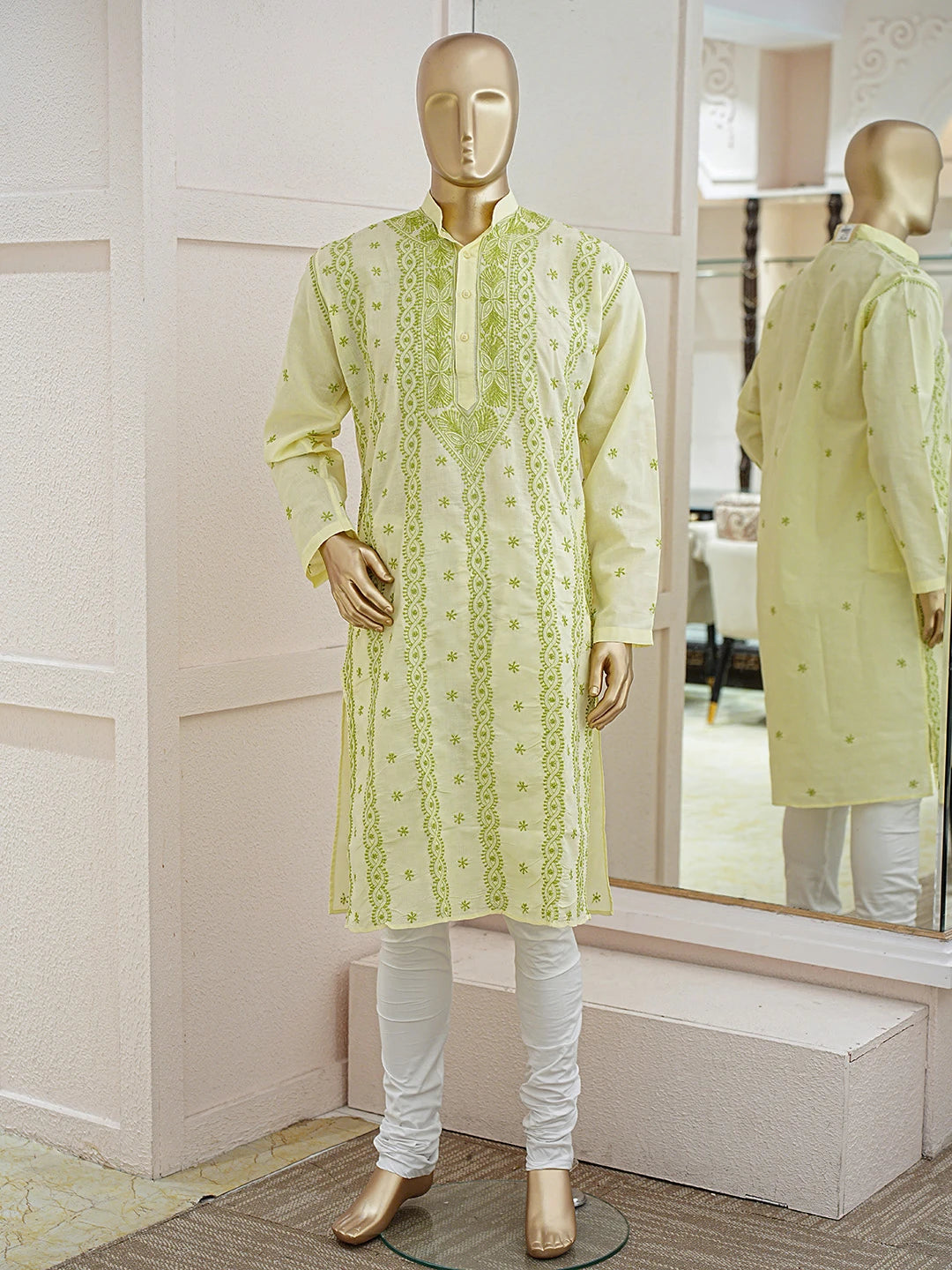 Ada Hand Embroidered Lemon Cotton Lucknowi Chikankari Men's Kurta 01A826425