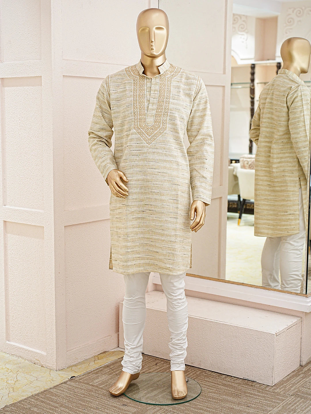 Ada Hand Embroidered Fawn Khadi Lucknowi Chikankari Men's Kurta 01A841552