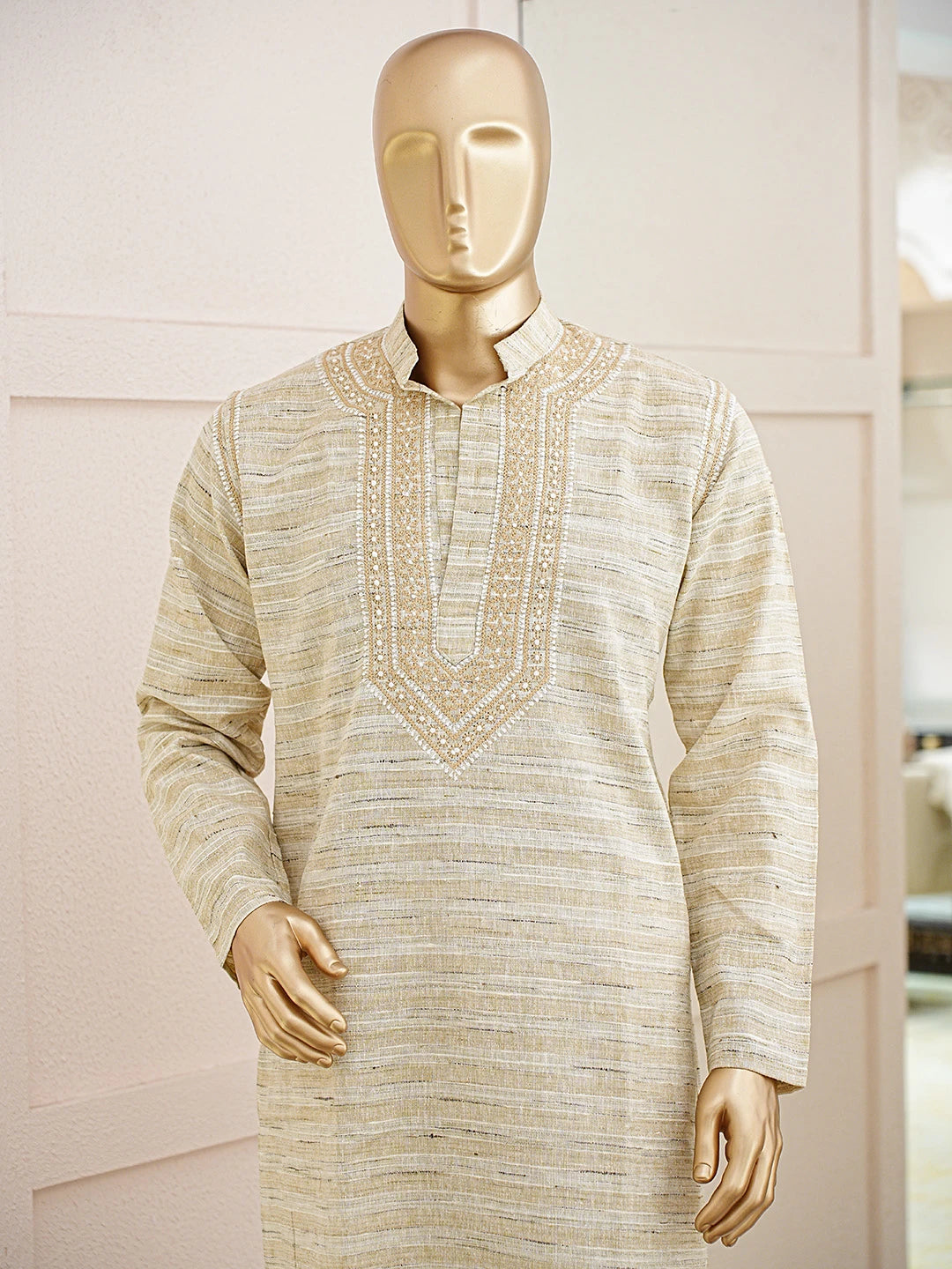 Ada Hand Embroidered Fawn Khadi Lucknowi Chikankari Men's Kurta 01A841552