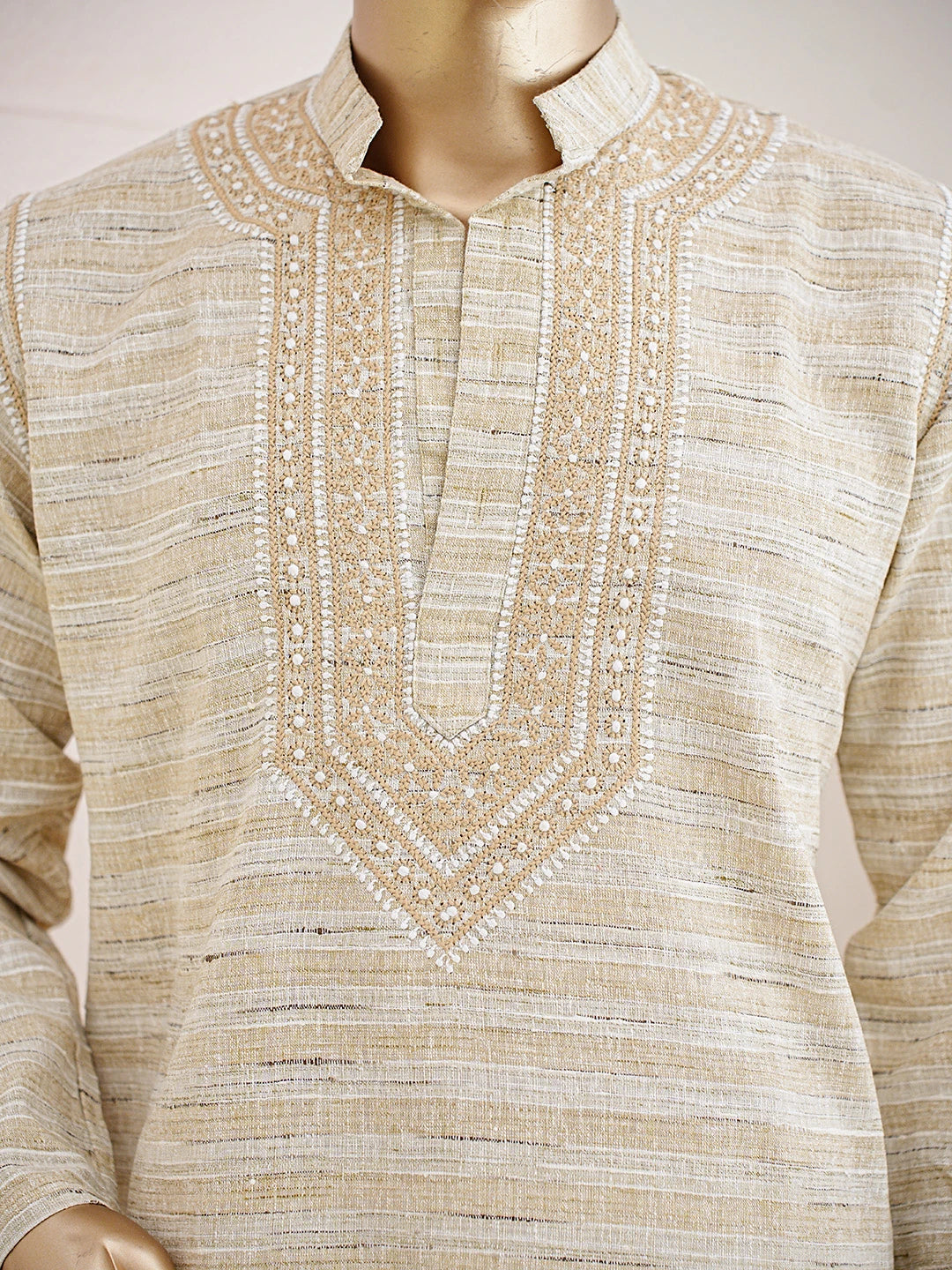 Ada Hand Embroidered Fawn Khadi Lucknowi Chikankari Men's Kurta 01A841552
