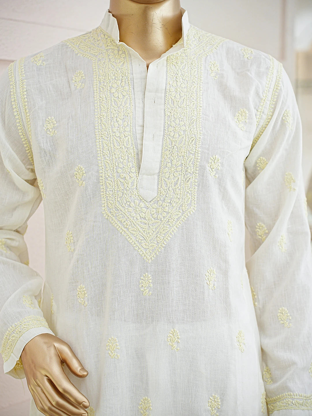 Ada Hand Embroidered Cream Cotton Lucknowi Chikankari Men's Kurta 01A834916