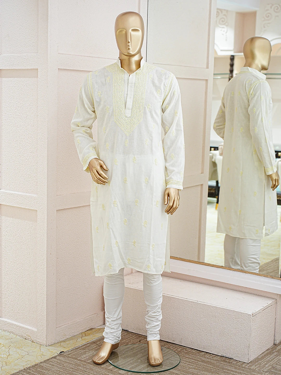 Ada Hand Embroidered Cream Cotton Lucknowi Chikankari Men's Kurta 01A834916