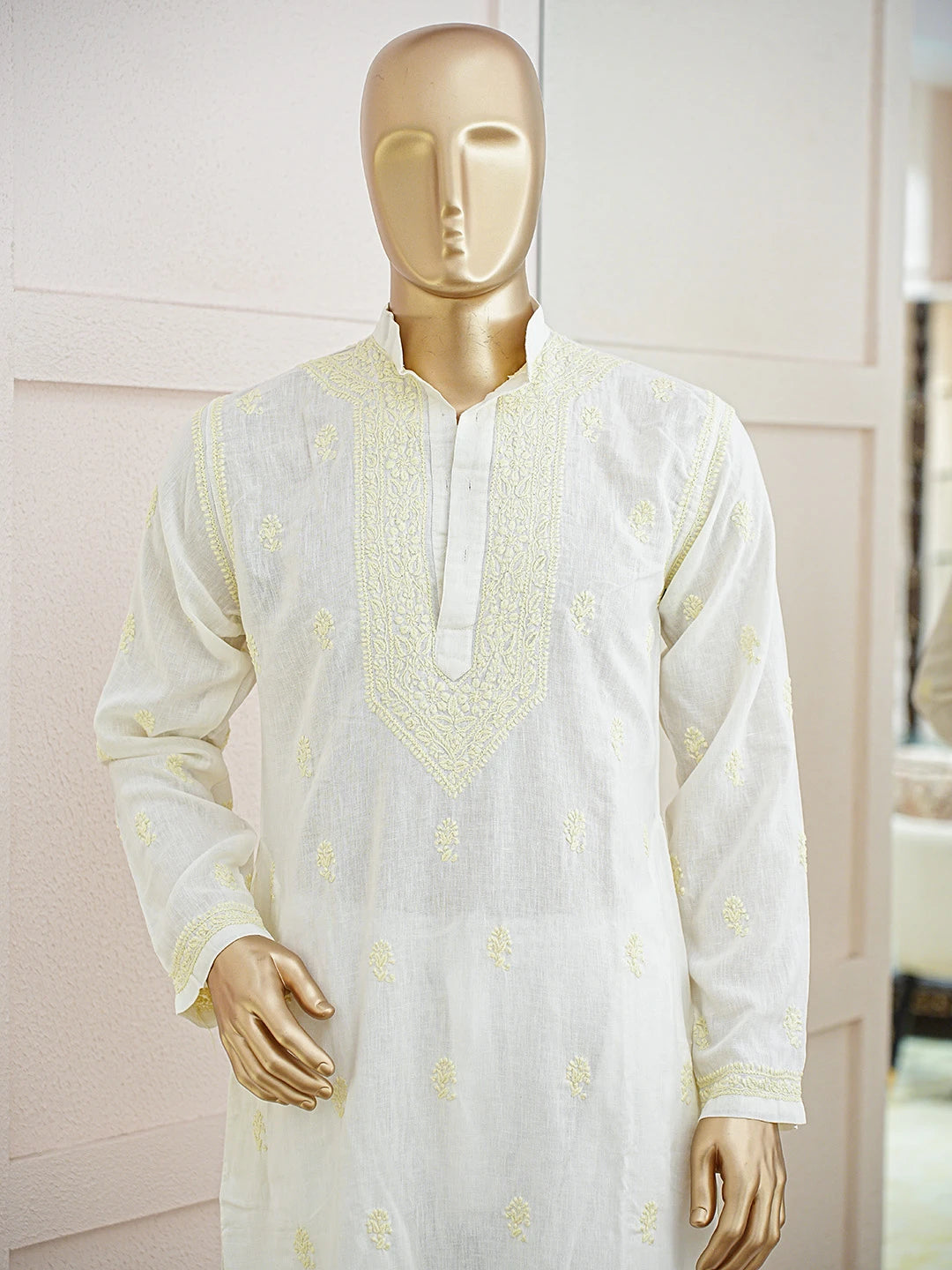 Ada Hand Embroidered Cream Cotton Lucknowi Chikankari Men's Kurta 01A834916