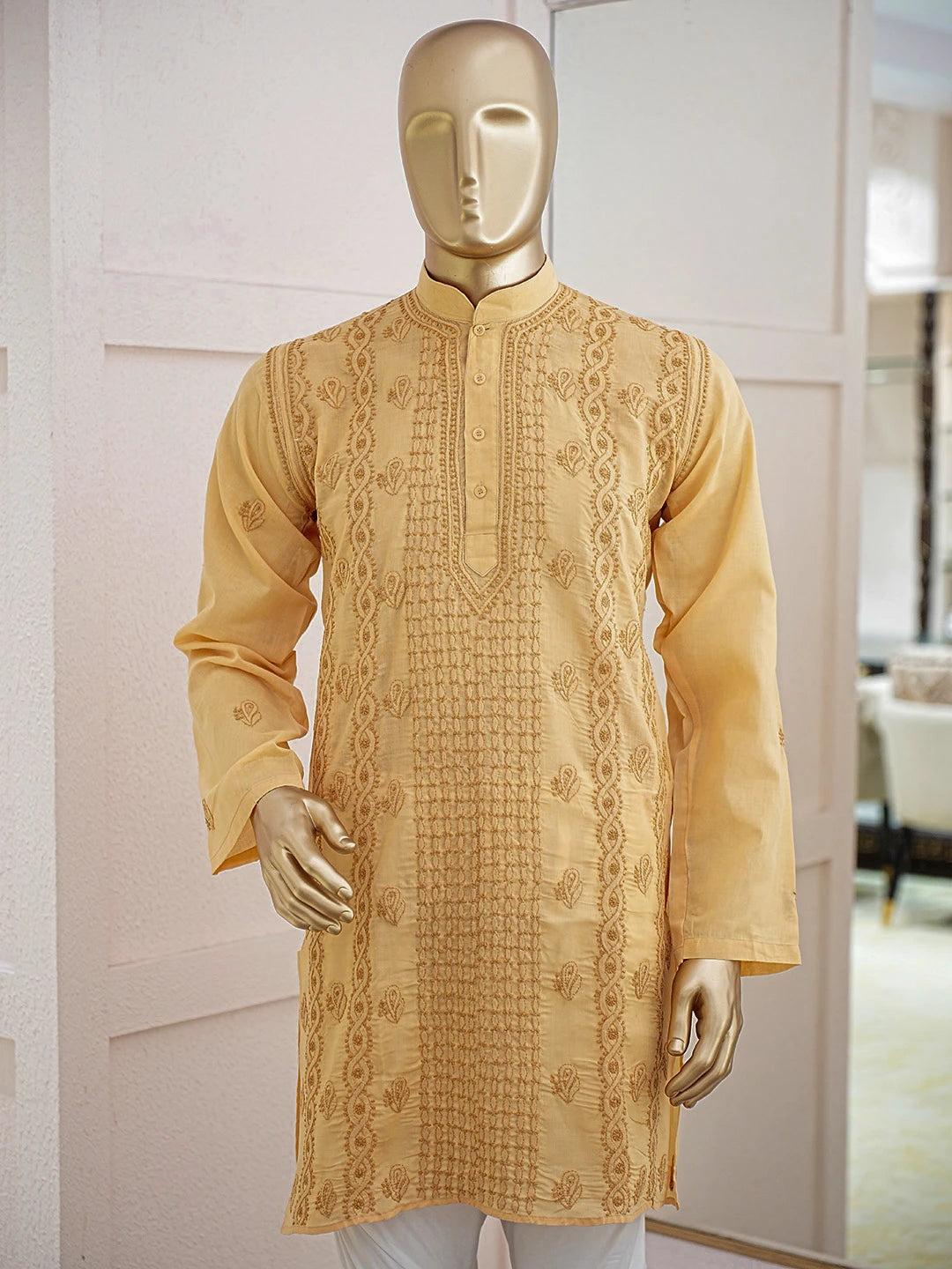Ada Hand Embroidered Fawn Cotton Lucknowi Chikankari Men's Kurta 01A370617