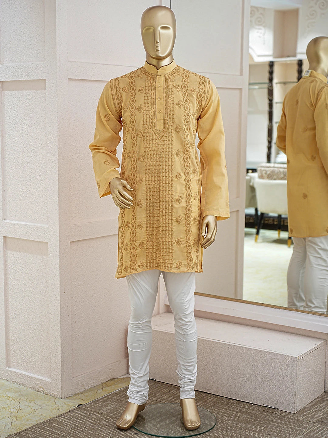 Ada Hand Embroidered Fawn Cotton Lucknowi Chikankari Men's Kurta 01A370617