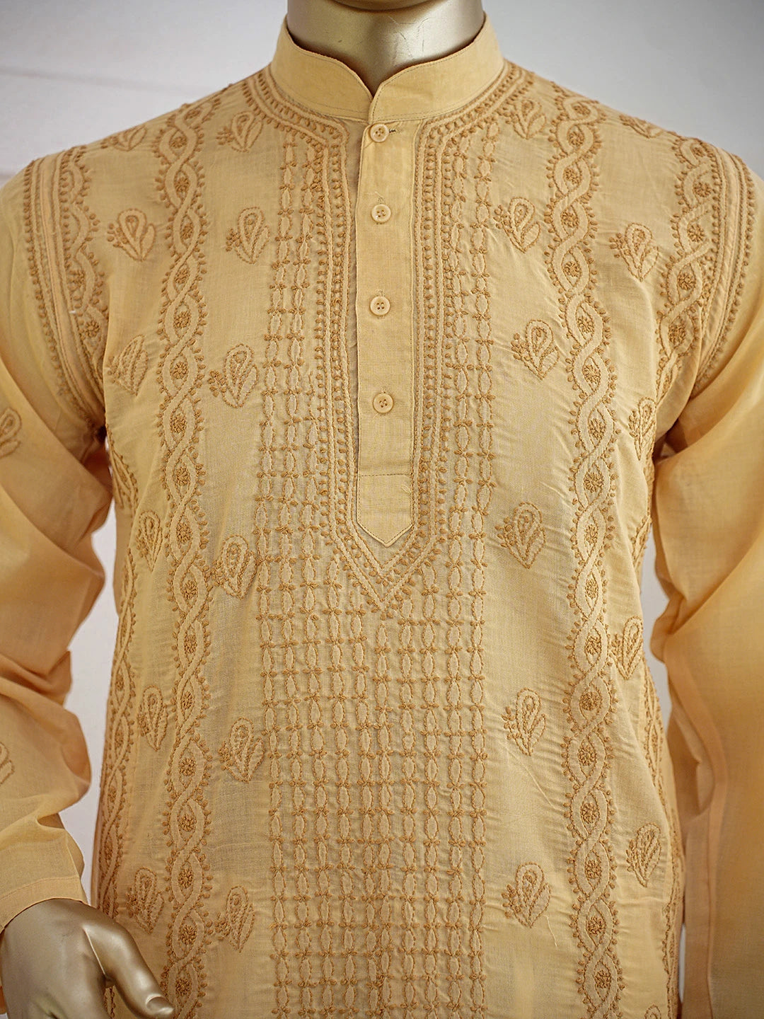Ada Hand Embroidered Fawn Cotton Lucknowi Chikankari Men's Kurta 01A370617