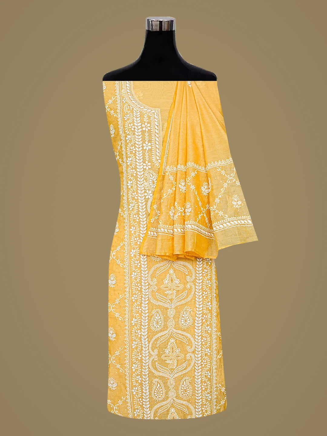 Ada Hand Embroidered Yellow Chanderi Lucknowi Chikankari Unstitched Kurta Dupatta Set With Sequinned Work 01A836877