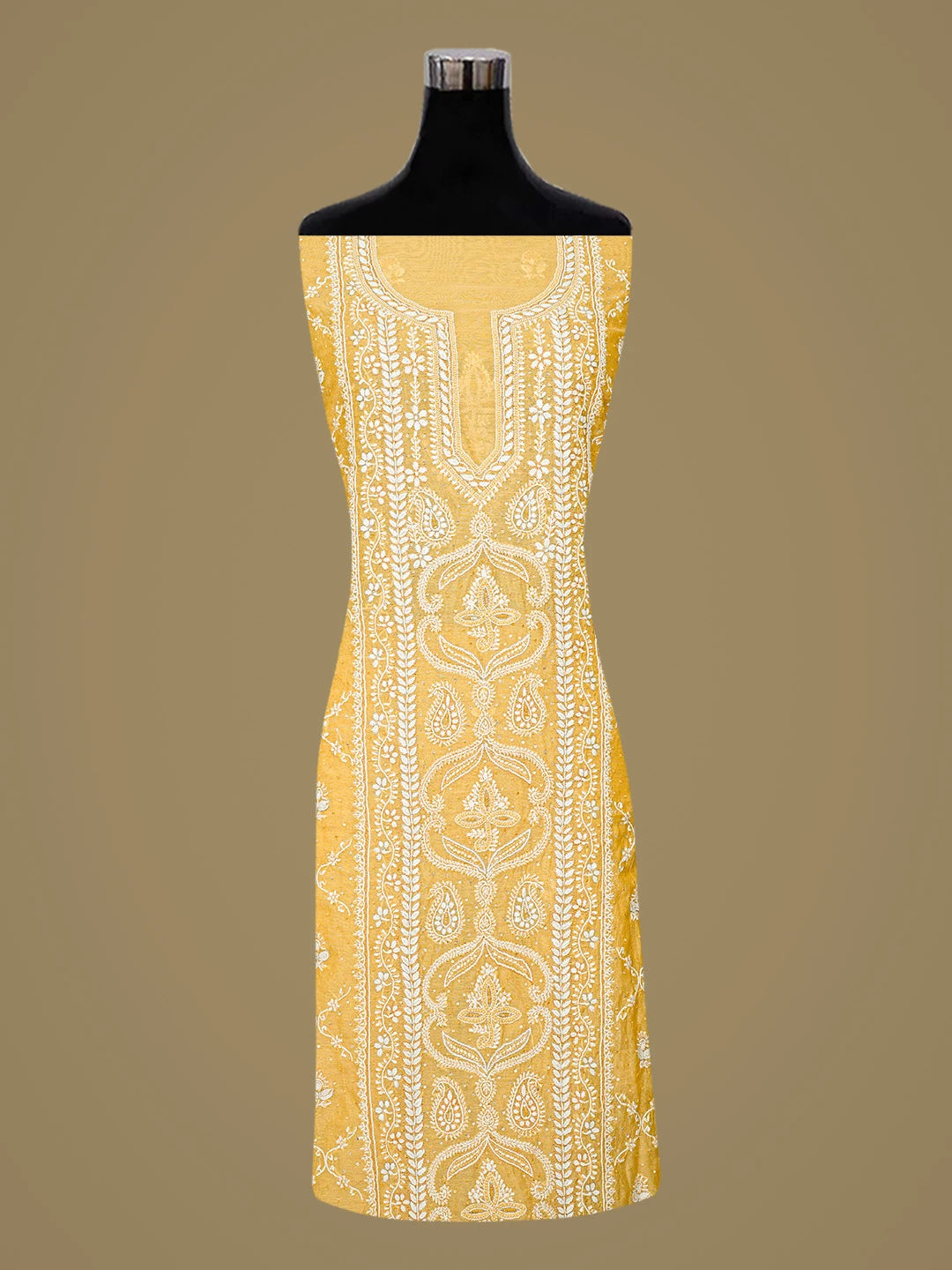 Ada Hand Embroidered Yellow Chanderi Lucknowi Chikankari Unstitched Kurta Dupatta Set With Sequinned Work 01A836877