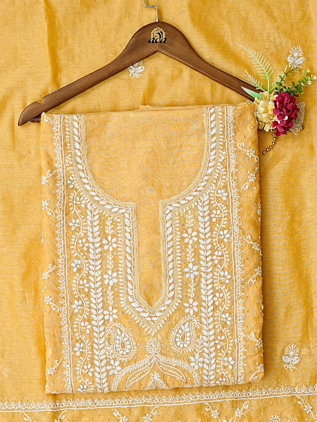 Ada Hand Embroidered Yellow Chanderi Lucknowi Chikankari Unstitched Kurta Dupatta Set With Sequinned Work 01A836877