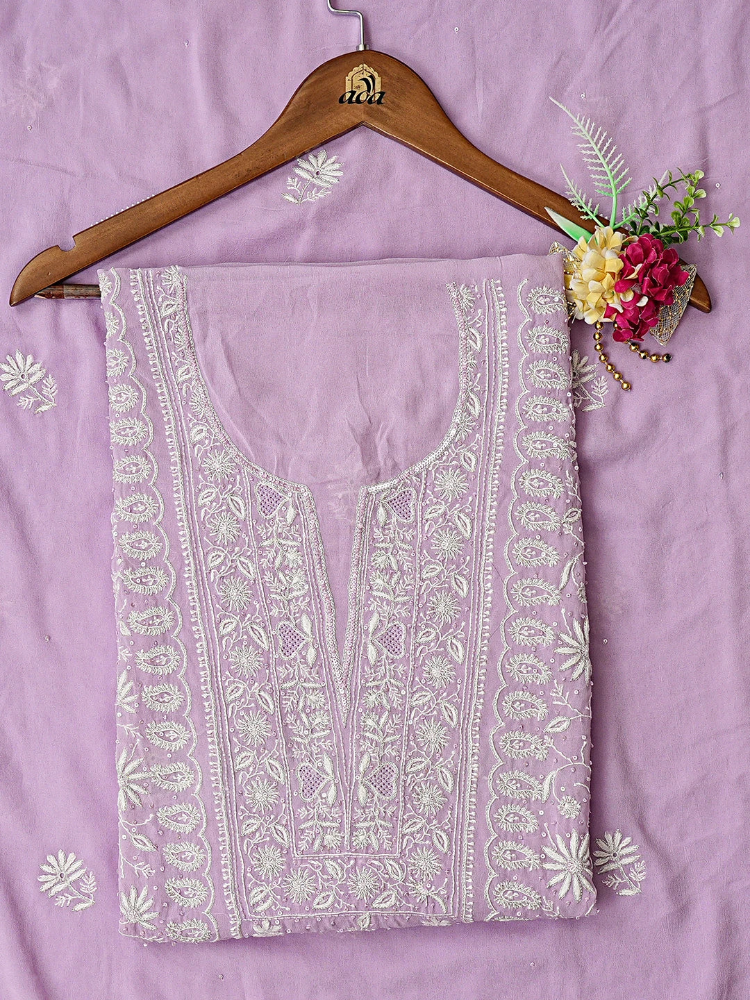 Ada Hand Embroidered Mauve Viscose Georgette Lucknowi Chikankari Unstitched Kurta Dupatta Set With Sequinned Work 01A805732