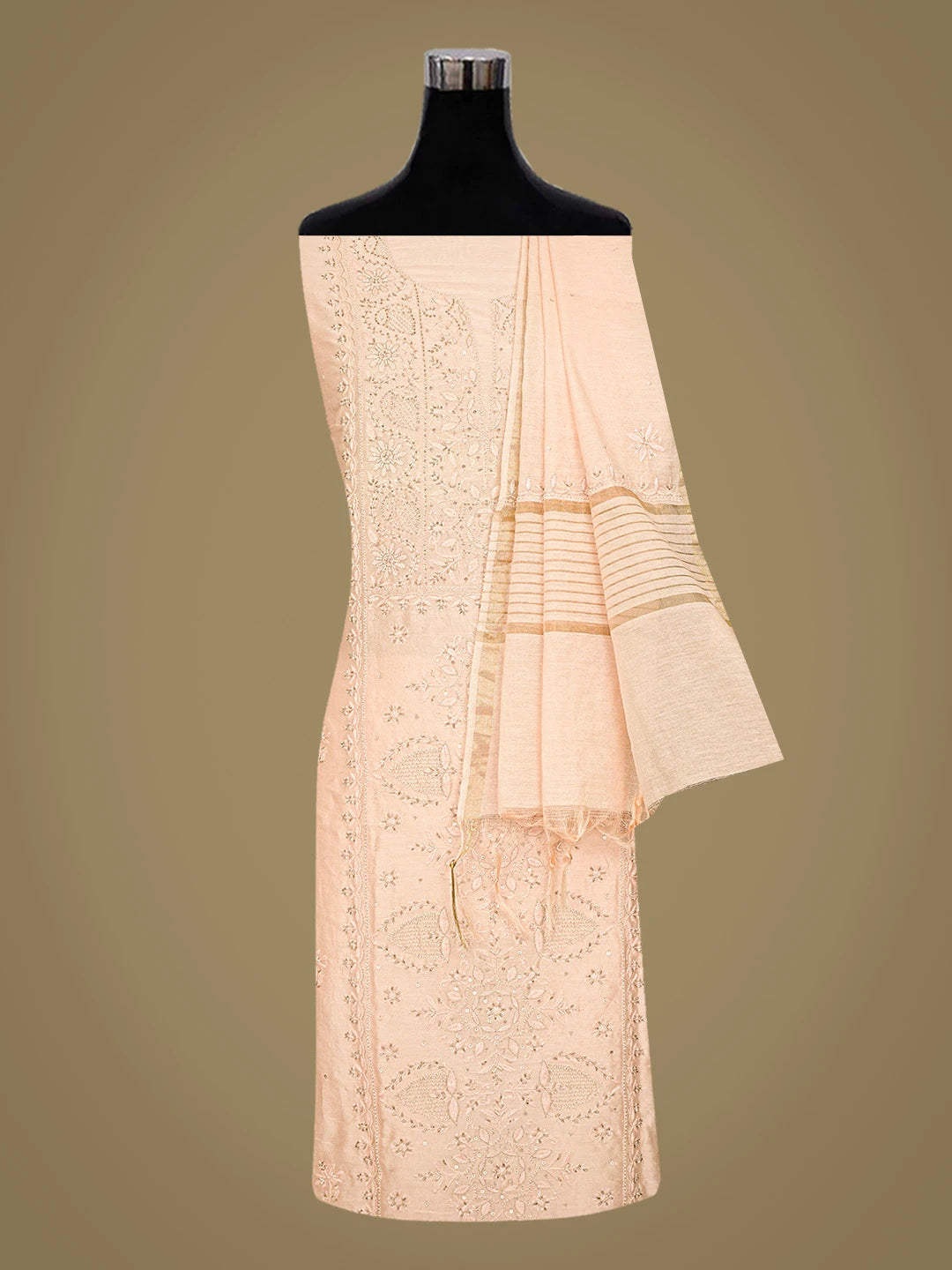 Ada Hand Embroidered Peach Chanderi Lucknowi Chikankari Unstitched Kurta Dupatta Set With Cutdana Work 01A741664