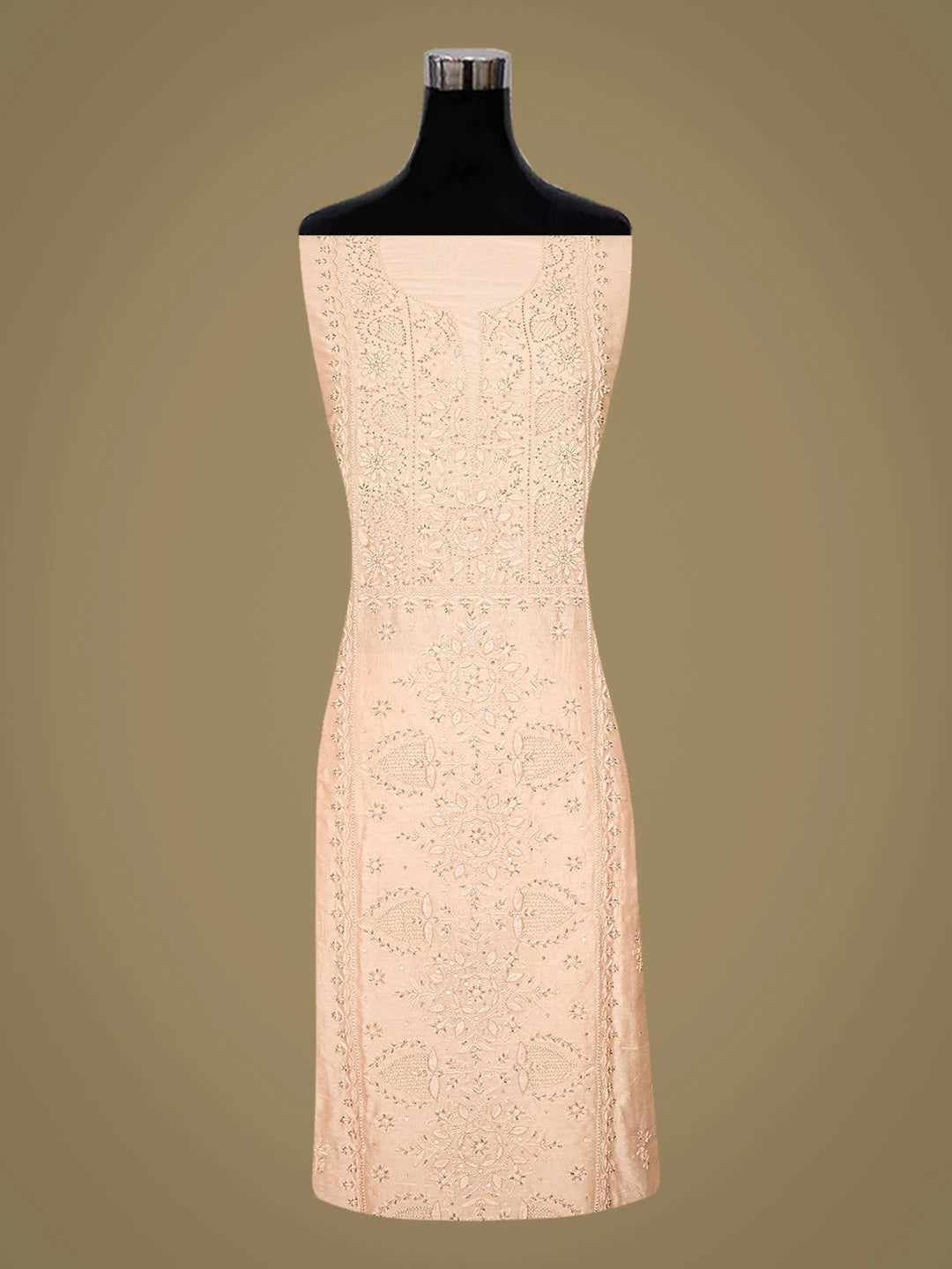 Ada Hand Embroidered Peach Chanderi Lucknowi Chikankari Unstitched Kurta Dupatta Set With Cutdana Work 01A741664
