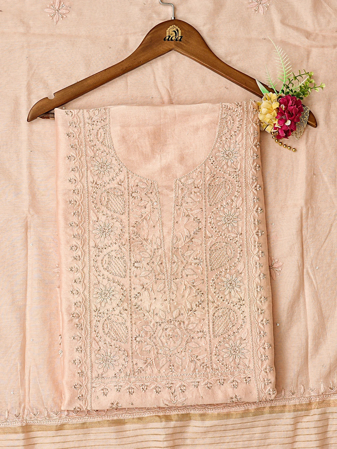 Ada Hand Embroidered Peach Chanderi Lucknowi Chikankari Unstitched Kurta Dupatta Set With Cutdana Work 01A741664