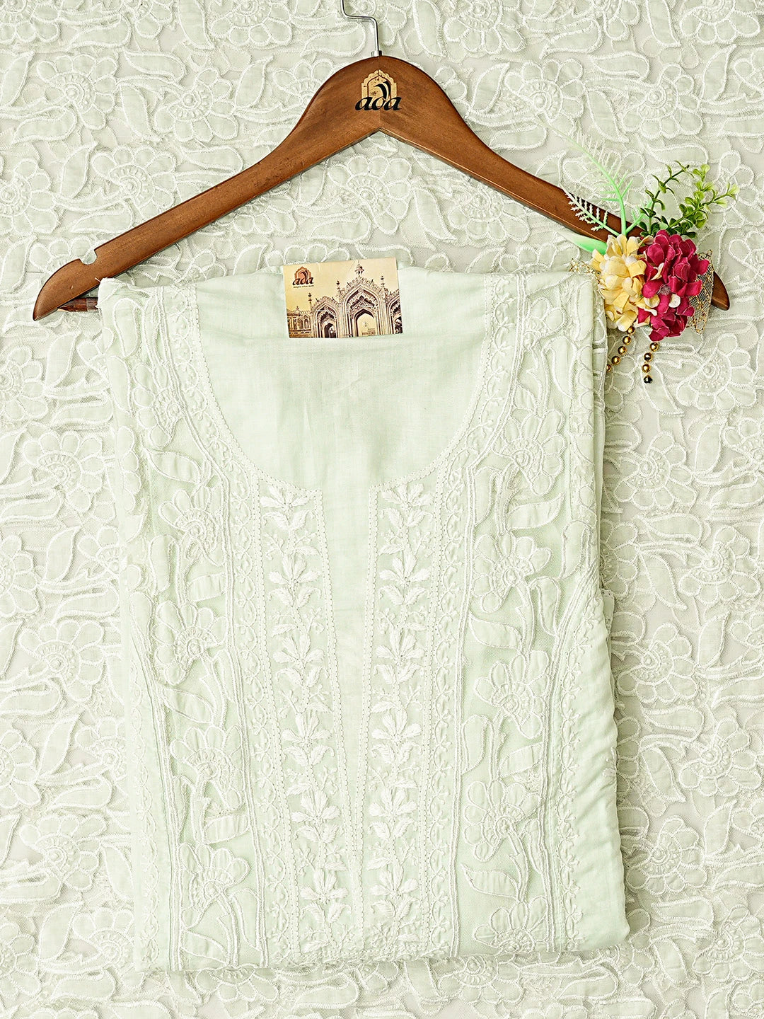Ada Hand Embroidered Sea Green Cotton And Net Lucknowi Chikankari Semi-Stitched Kurta Dupatta Set 01A862889