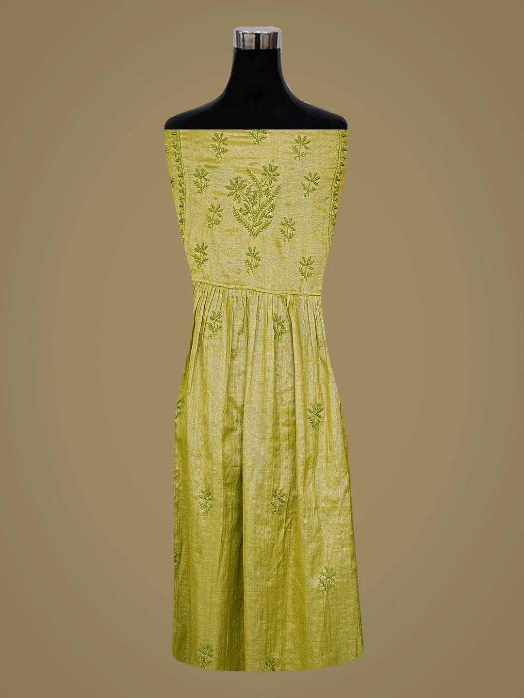 Ada Hand Embroidered Olive Green Tissue Lucknowi Chikankari Semi-Stitched Anarkali Kurta Dupatta Set 01A793974