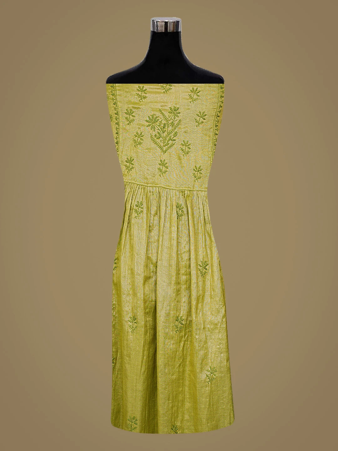 Ada Hand Embroidered Olive Green Tissue Lucknowi Chikankari Semi-Stitched Anarkali Kurta Dupatta Set 01A793974