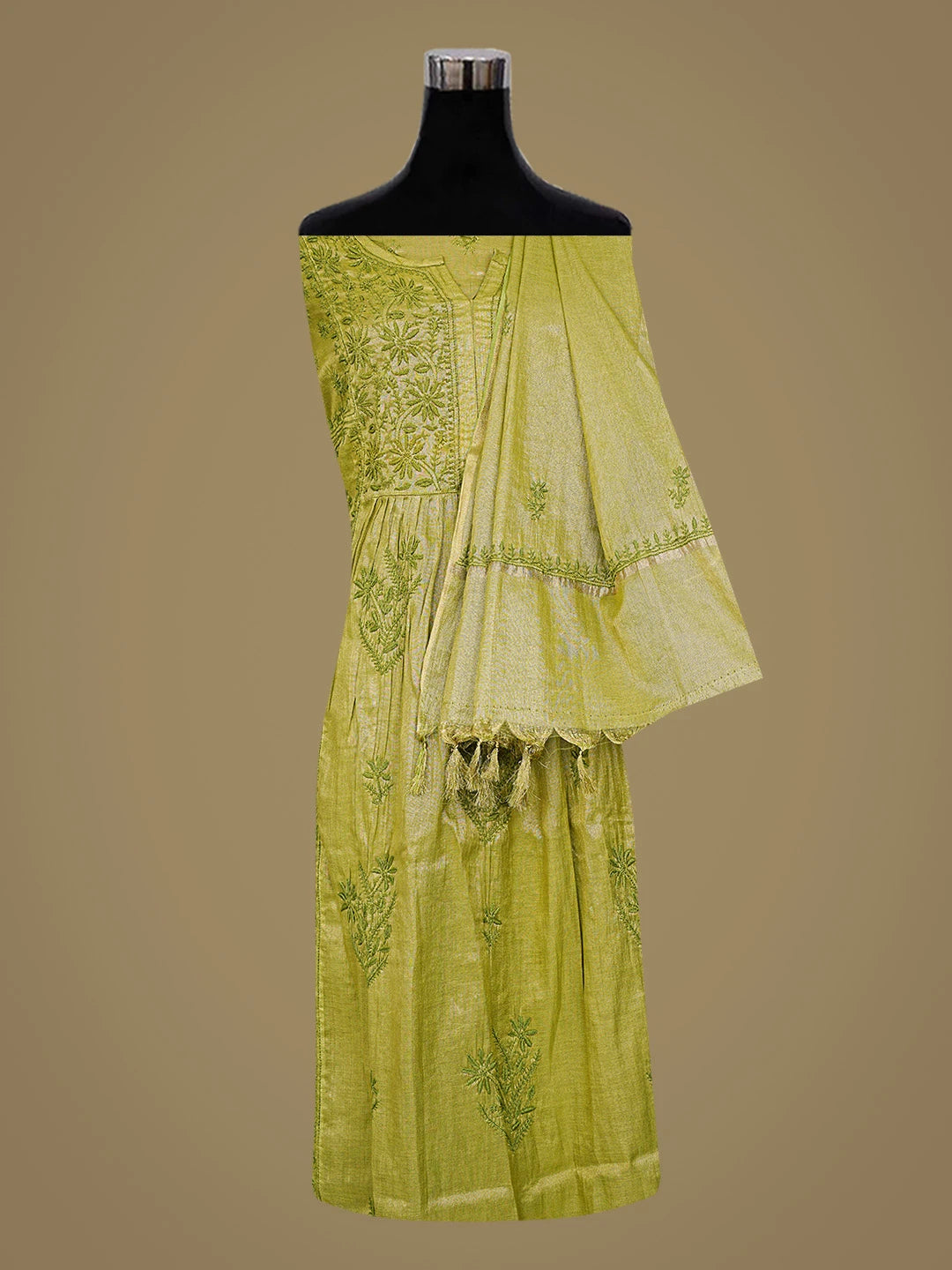Ada Hand Embroidered Olive Green Tissue Lucknowi Chikankari Semi-Stitched Anarkali Kurta Dupatta Set 01A793974