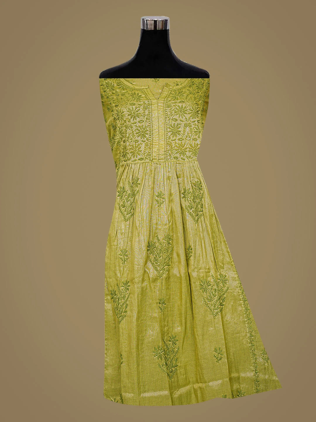 Ada Hand Embroidered Olive Green Tissue Lucknowi Chikankari Semi-Stitched Anarkali Kurta Dupatta Set 01A793974