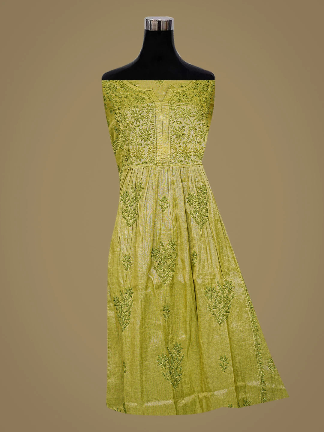 Ada Hand Embroidered Olive Green Tissue Lucknowi Chikankari Semi-Stitched Anarkali Kurta Dupatta Set 01A793974