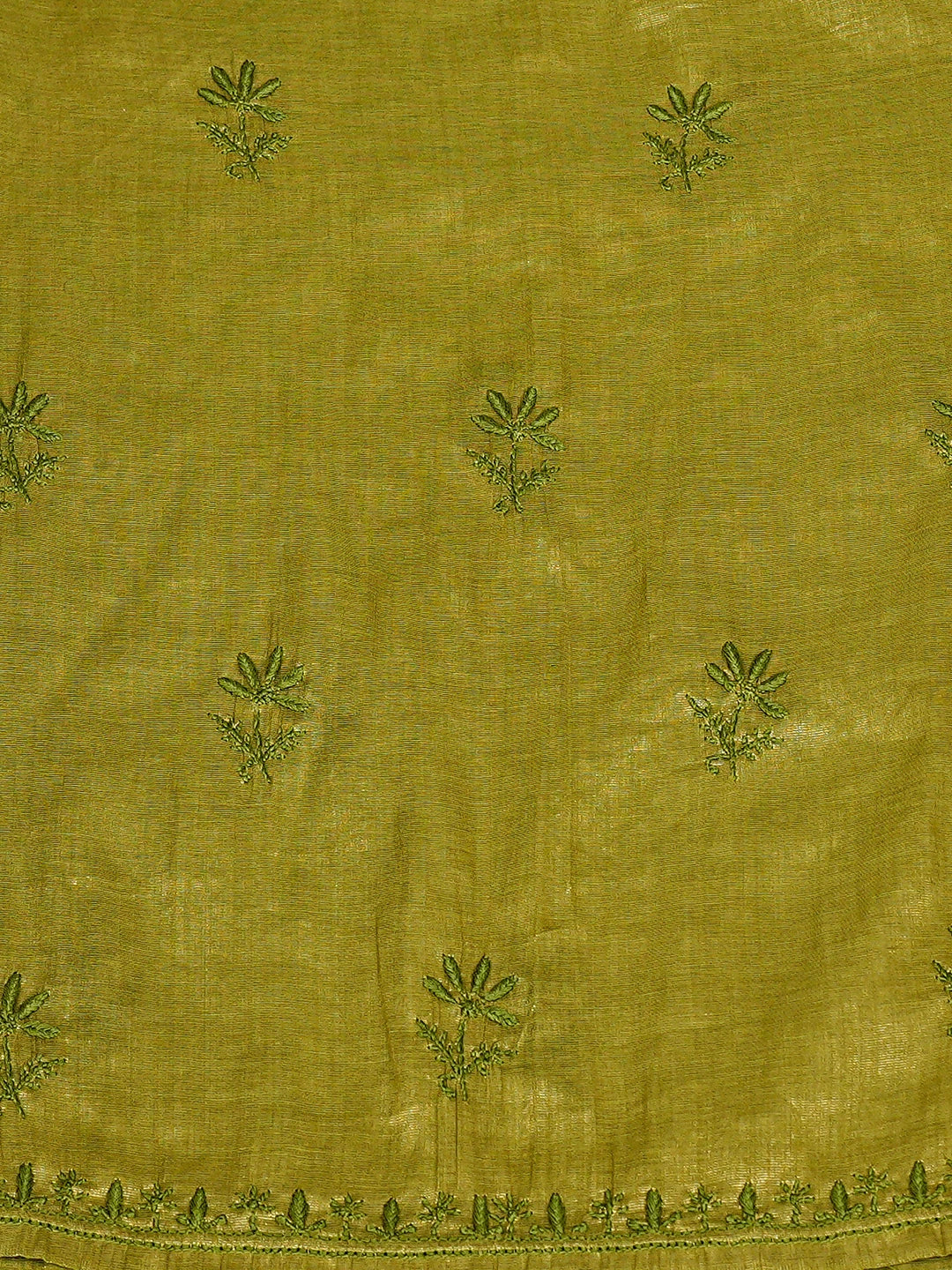 Ada Hand Embroidered Olive Green Tissue Lucknowi Chikankari Semi-Stitched Anarkali Kurta Dupatta Set 01A793974