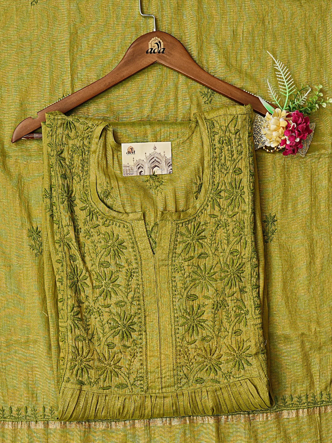 Ada Hand Embroidered Olive Green Tissue Lucknowi Chikankari Semi-Stitched Anarkali Kurta Dupatta Set 01A793974
