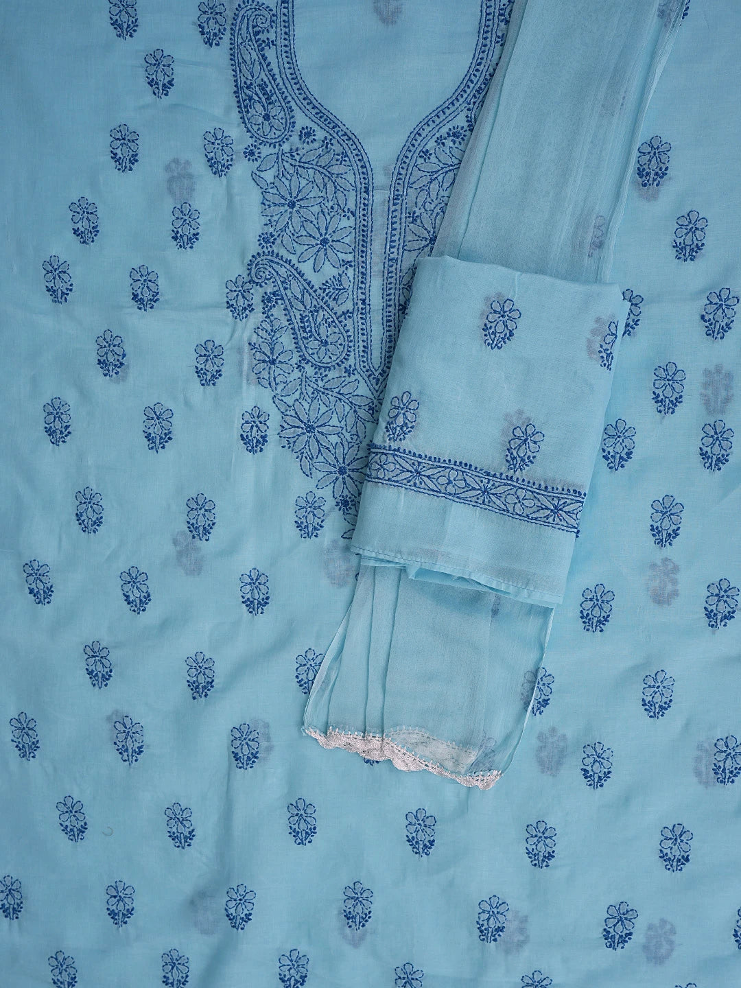 Ada Hand Embroidered Blue Cotton Lucknowi Chikankari Unstitched Suit Piece 01A867998