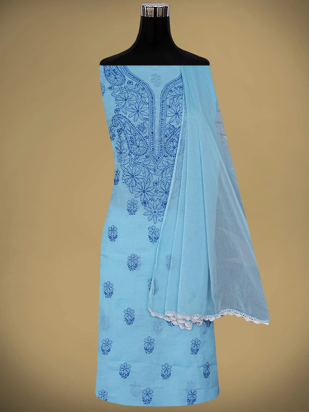 Ada Hand Embroidered Blue Cotton Lucknowi Chikankari Unstitched Suit Piece 01A867998