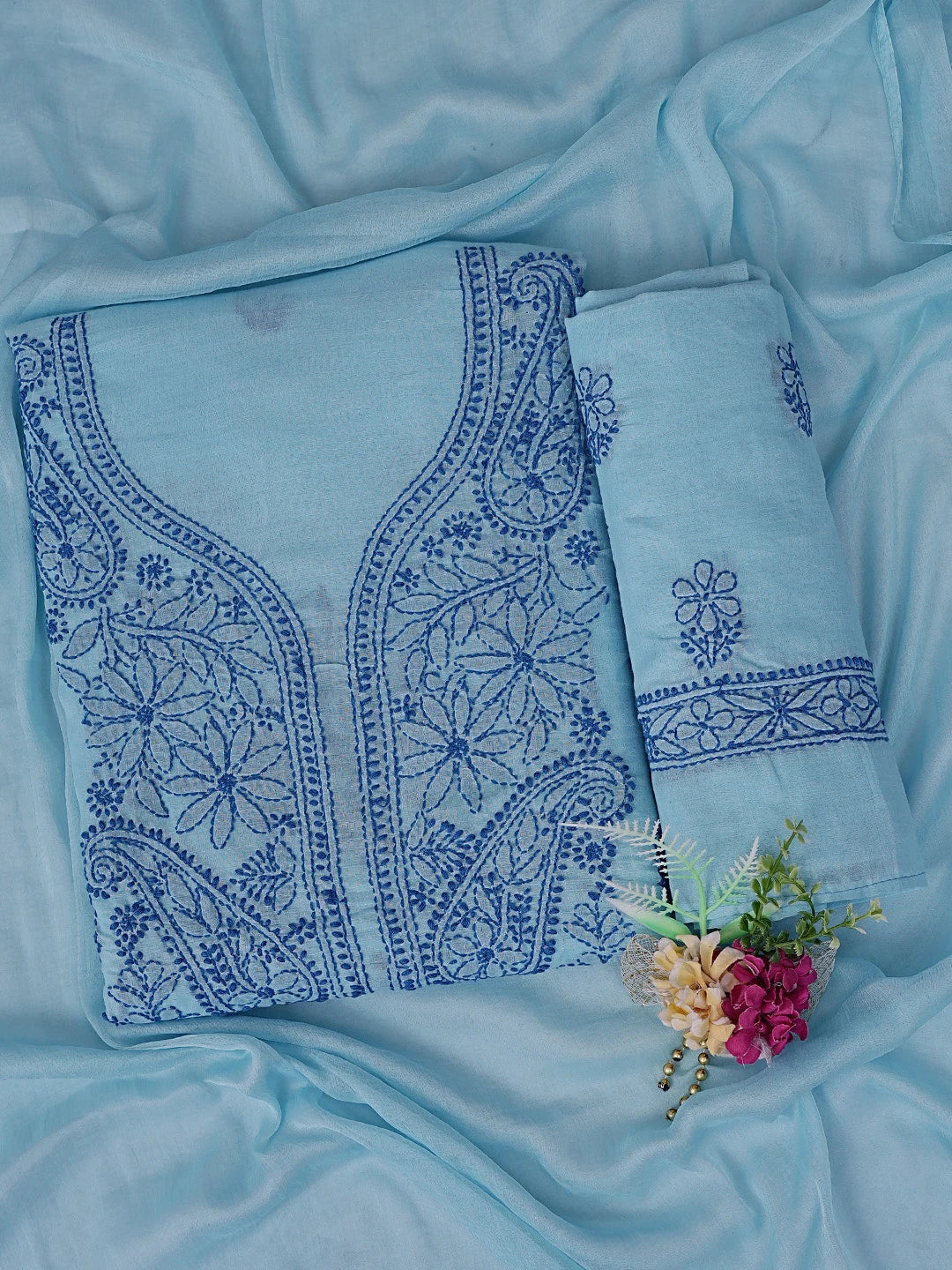 Ada Hand Embroidered Blue Cotton Lucknowi Chikankari Unstitched Suit Piece 01A867998