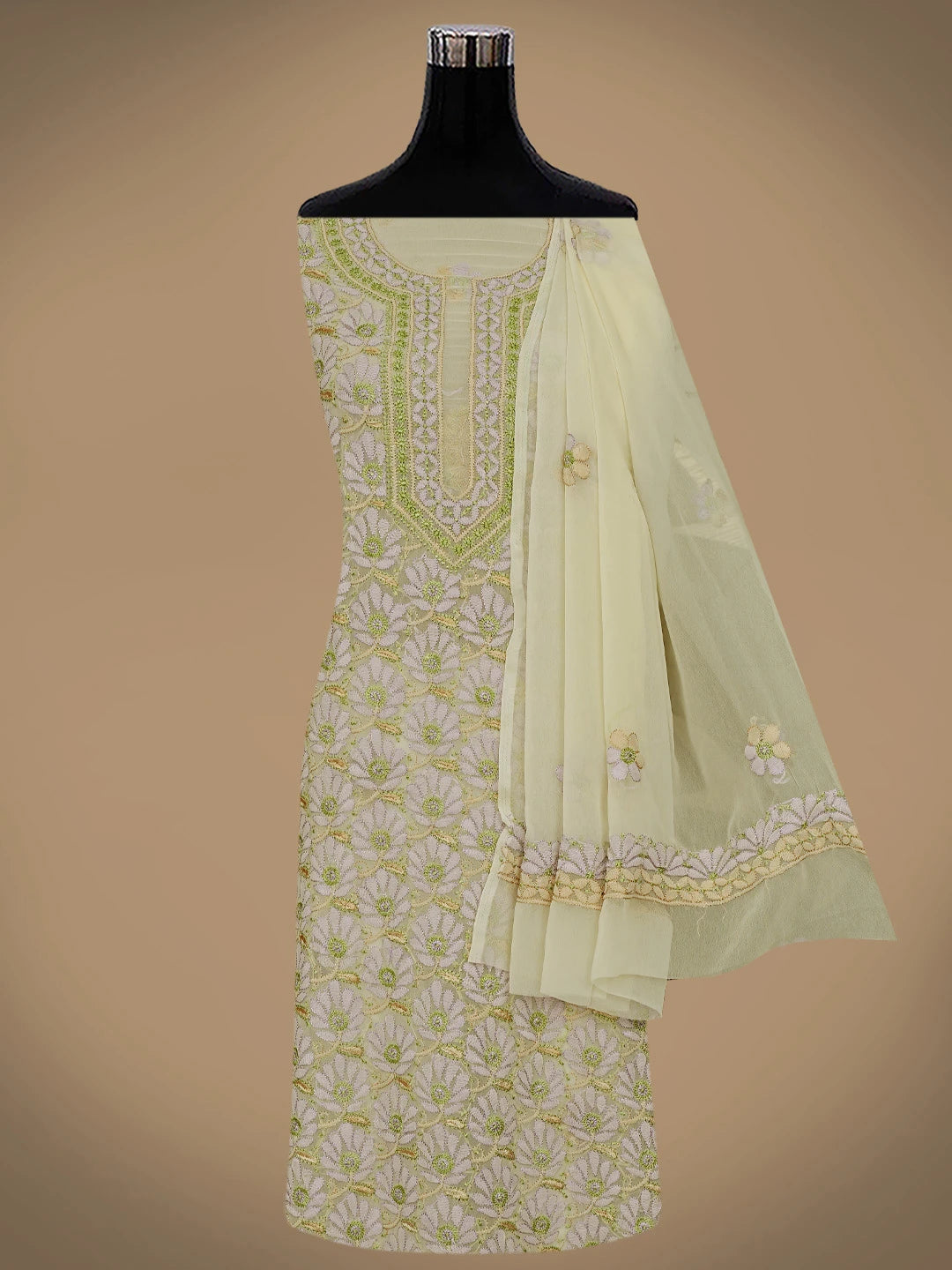 Ada Hand Embroidered Light Fawn Georgette Lucknowi Chikankari Unstitched Suit Piece 01A833103