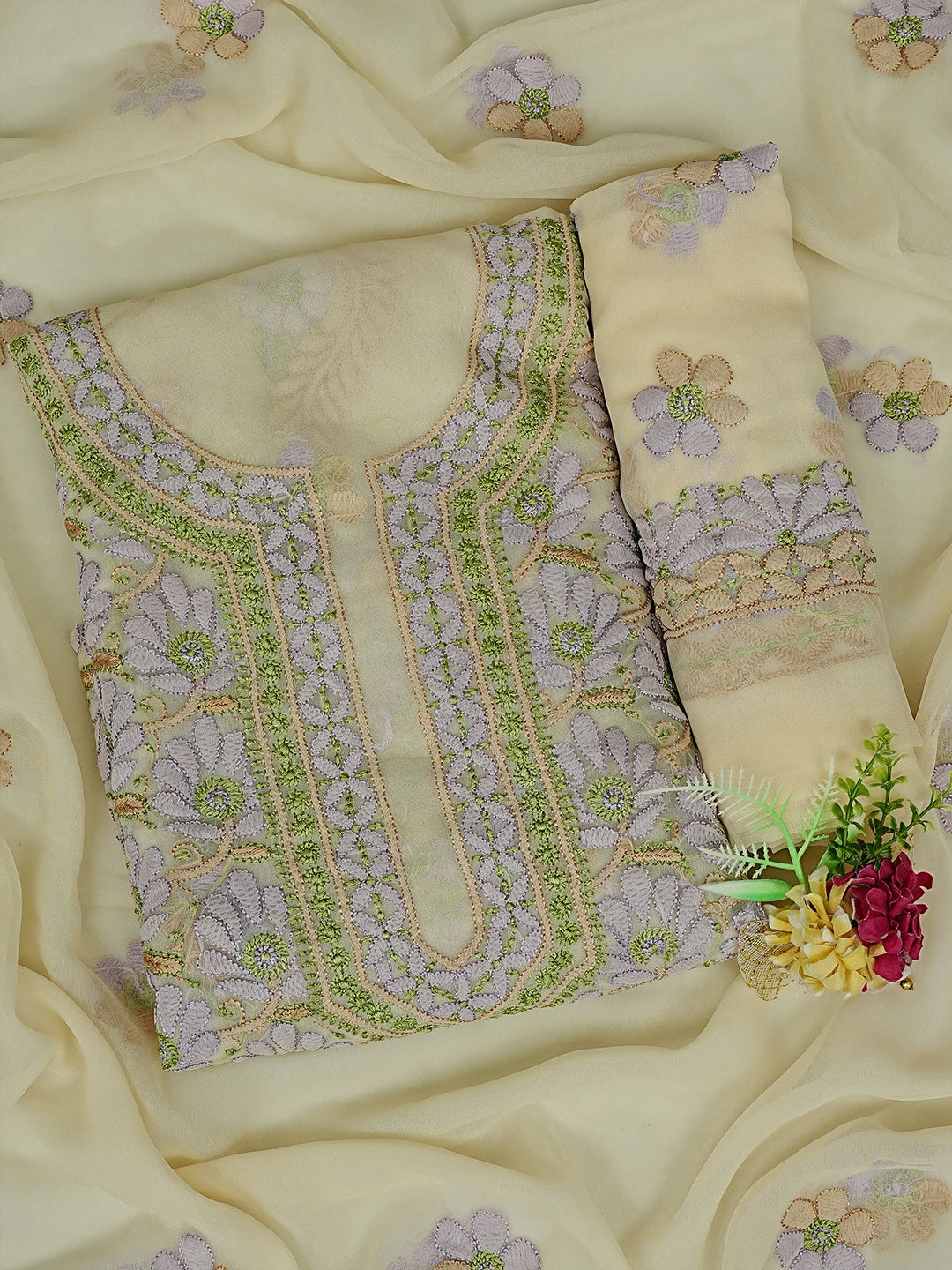 Ada Hand Embroidered Light Fawn Georgette Lucknowi Chikankari Unstitched Suit Piece 01A833103