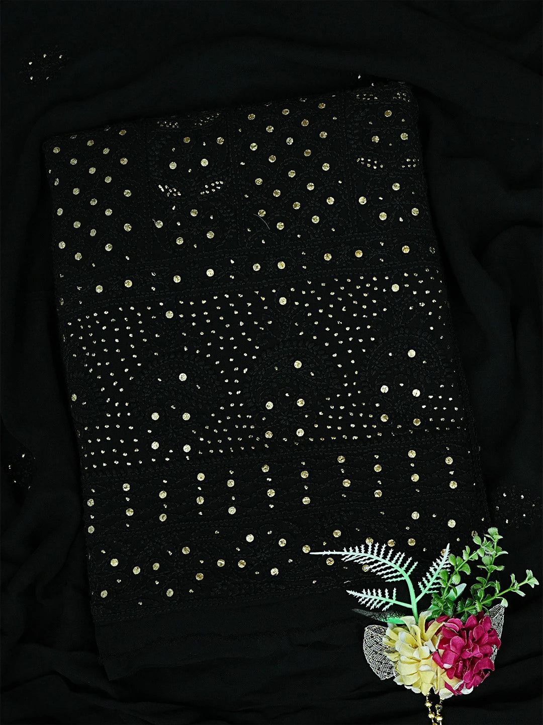 Ada Hand Embroidered Black Viscose Georgette Lucknowi Chikankari Unstitched Kurta Dupatta Set With Muqaish Work 01A802251
