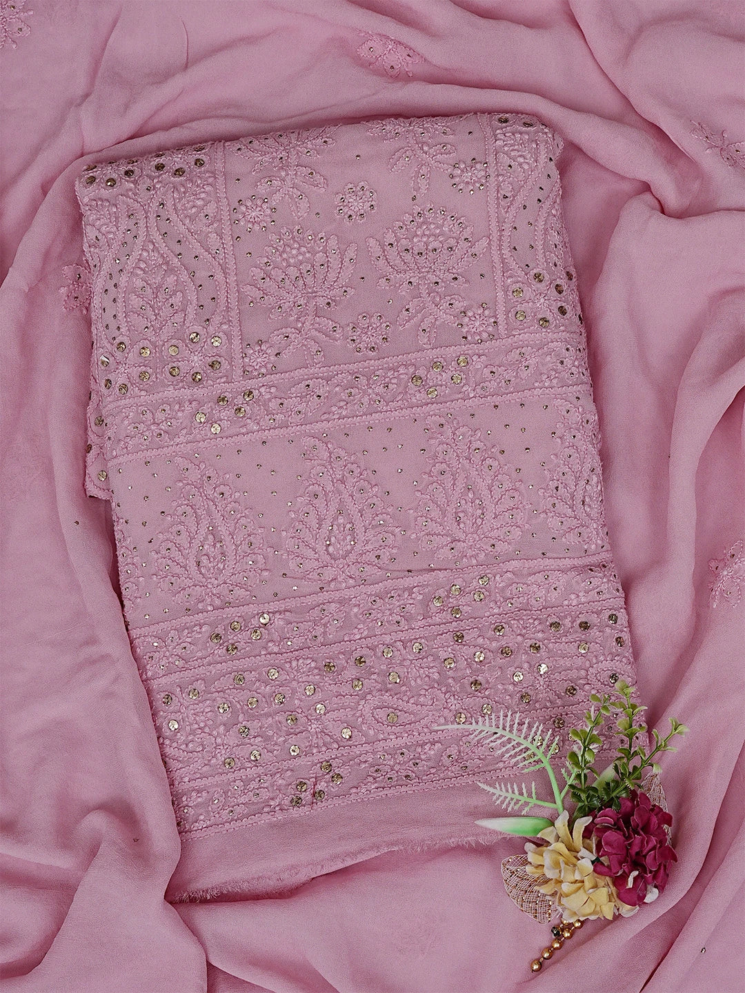 Ada Hand Embroidered Dusty Pink Viscose Georgette Lucknowi Chikankari Unstitched Kurta Dupatta Set With Muqaish Work 01A802247