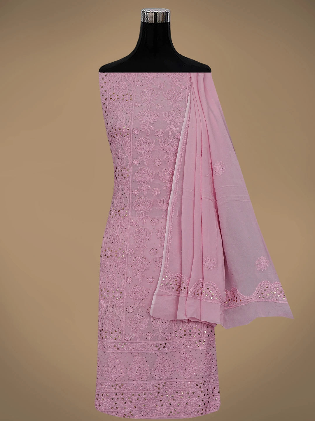 Ada Hand Embroidered Dusty Pink Viscose Georgette Lucknowi Chikankari Unstitched Kurta Dupatta Set With Muqaish Work 01A802247