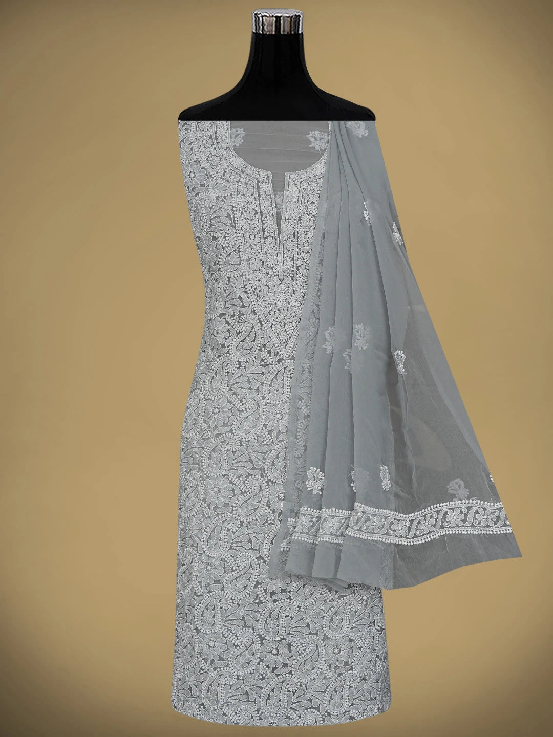 Ada Hand Embroidered Grey Georgette Lucknowi Chikankari Unstitched Suit Piece 01A779022