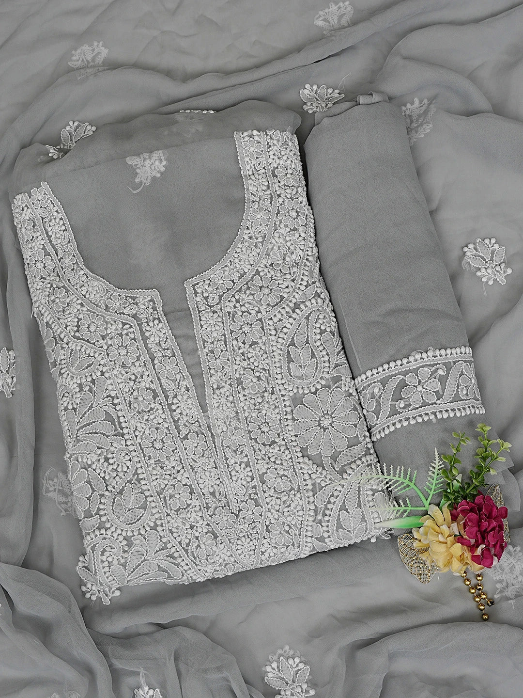Ada Hand Embroidered Grey Georgette Lucknowi Chikankari Unstitched Suit Piece 01A779022