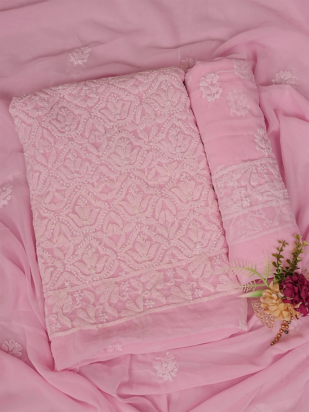 Ada Hand Embroidered Pink Georgette Lucknowi Chikankari Unstitched Suit Piece 01A867784
