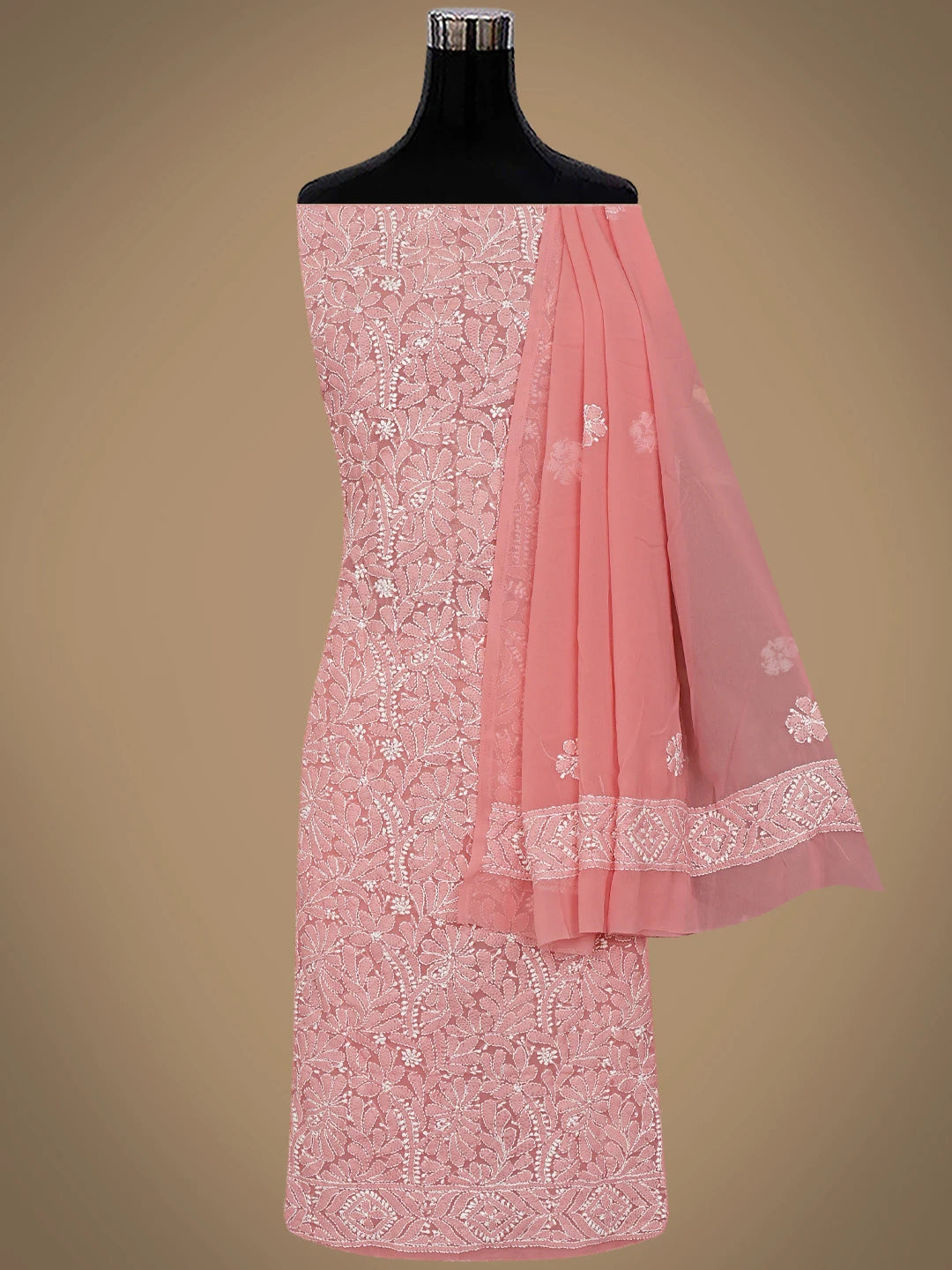 Ada Hand Embroidered Dark Peach Georgette Lucknowi Chikankari Unstitched Suit Piece 01A867777