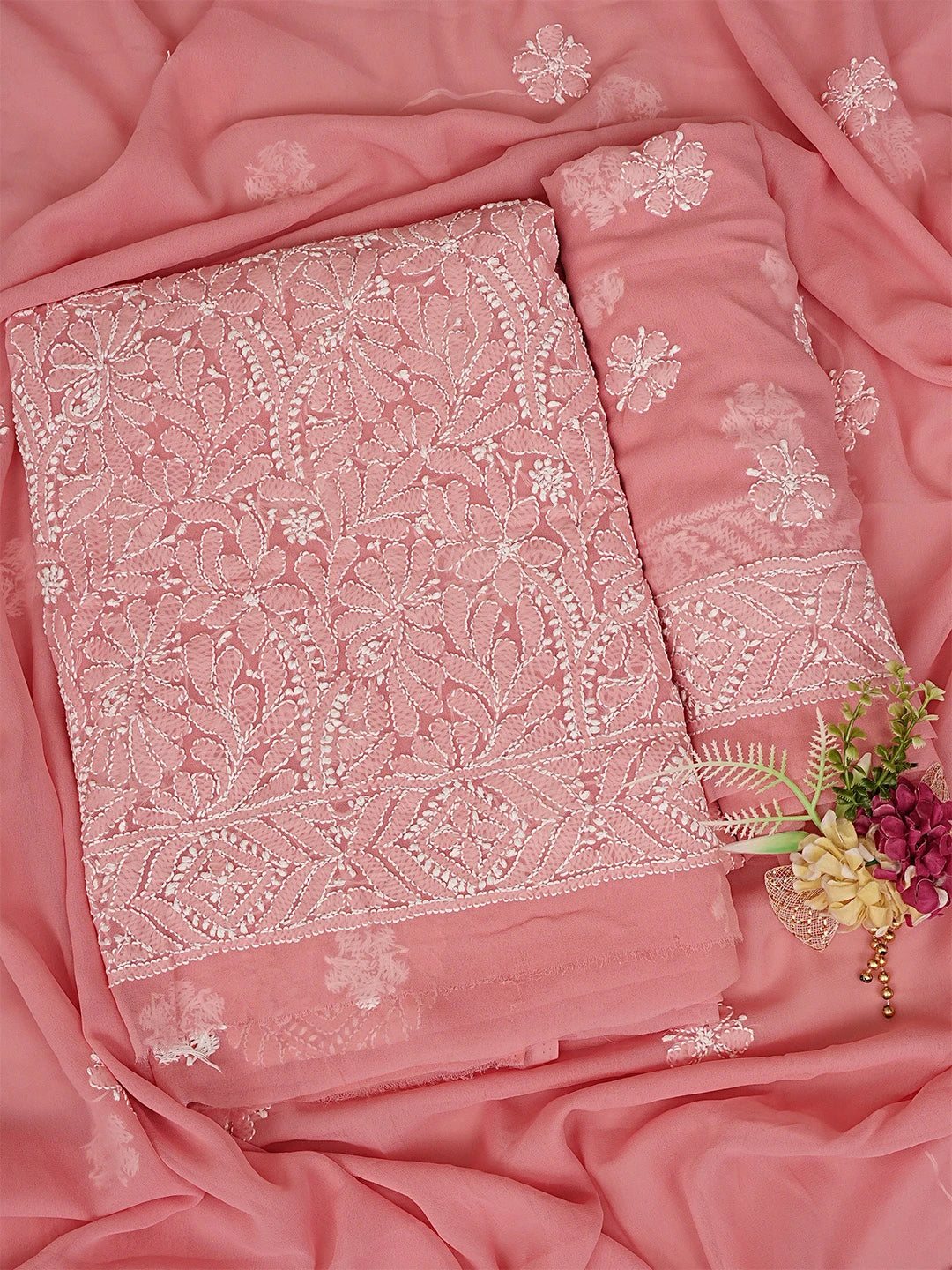 Ada Hand Embroidered Dark Peach Georgette Lucknowi Chikankari Unstitched Suit Piece 01A867777