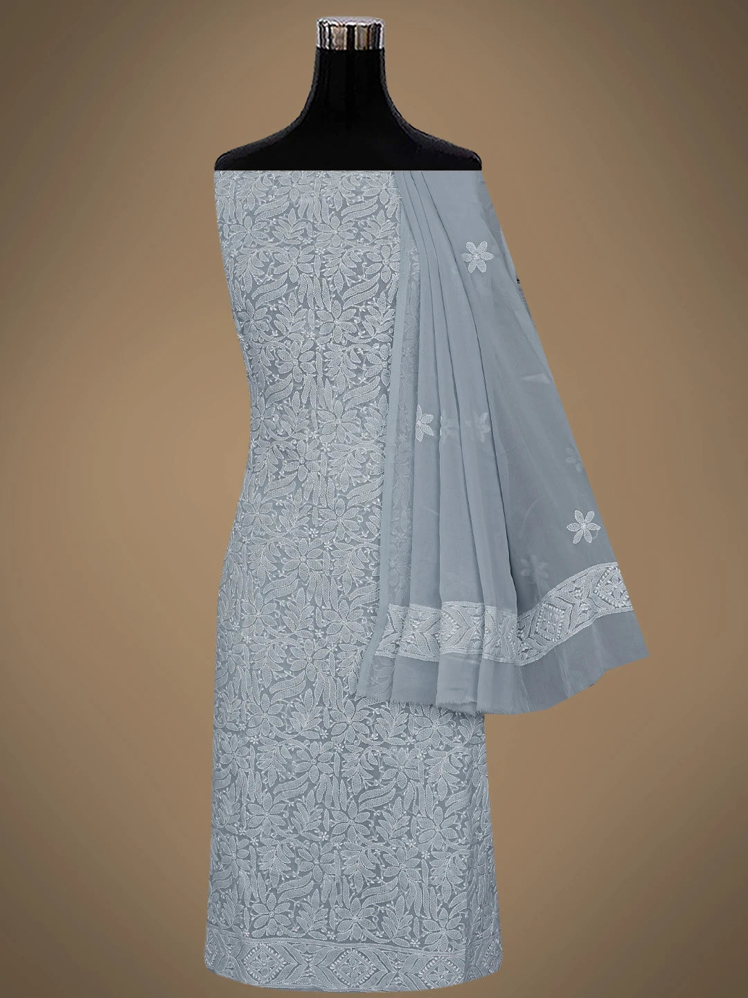 Ada Hand Embroidered Greyish Blue Georgette Lucknowi Chikankari Unstitched Suit Piece 01A867796
